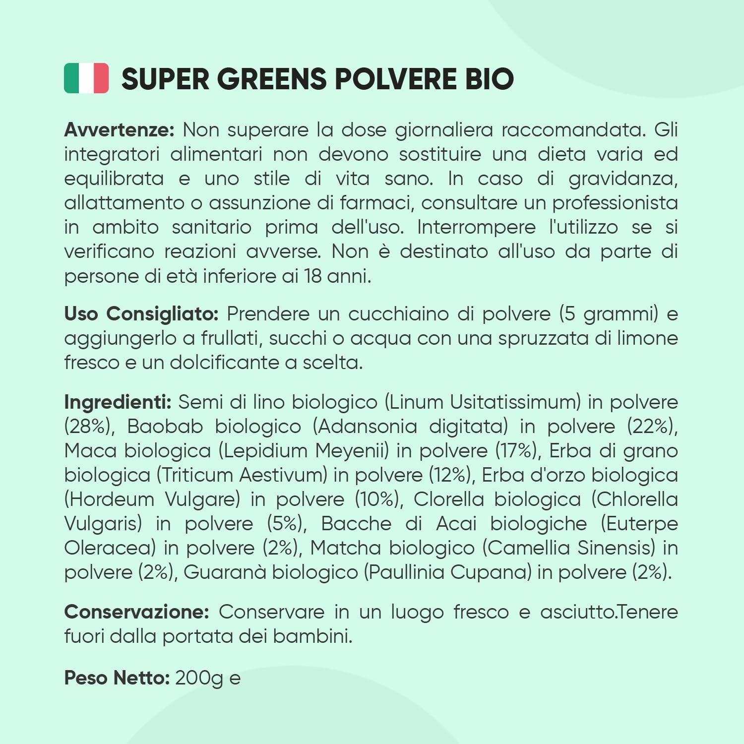 Super Greens in Polvere Bio Vegana (1+ Mese di Scorta), 9 Superfood, Maca, Semi di Lino, Baobab, Clorella, Erba di Grano, Erba d'Orzo, Acai, Matcha, Guarana, Mix di Superalimenti 200g, Senza Glutine