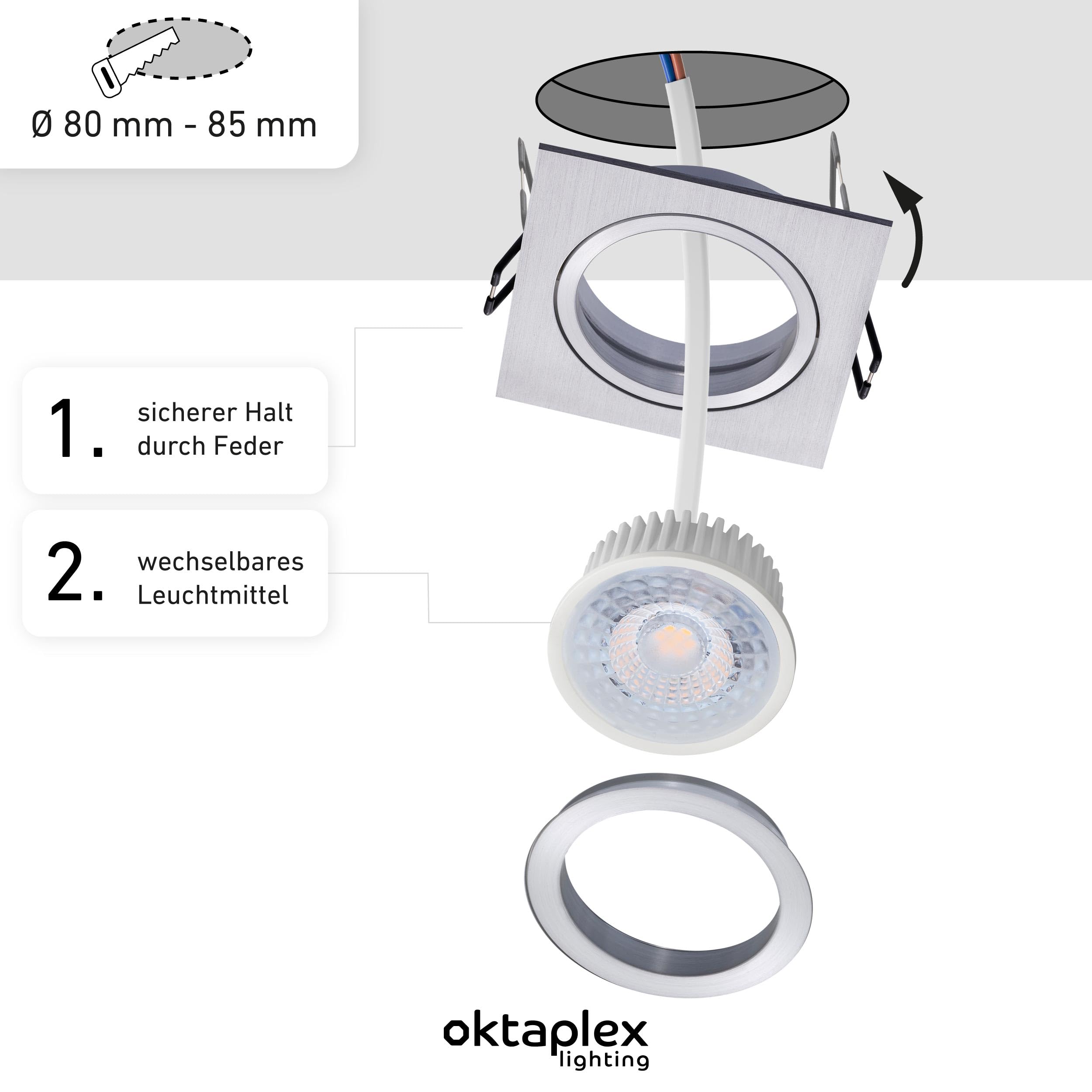 Oktaplex 3 Set di faretti da incasso con modulo LED Lyon orientabile 4,8W 3000K 230V 380lm Bianco caldo Alluminio Spot quadrato da soffitto Diametro incasso 80mm