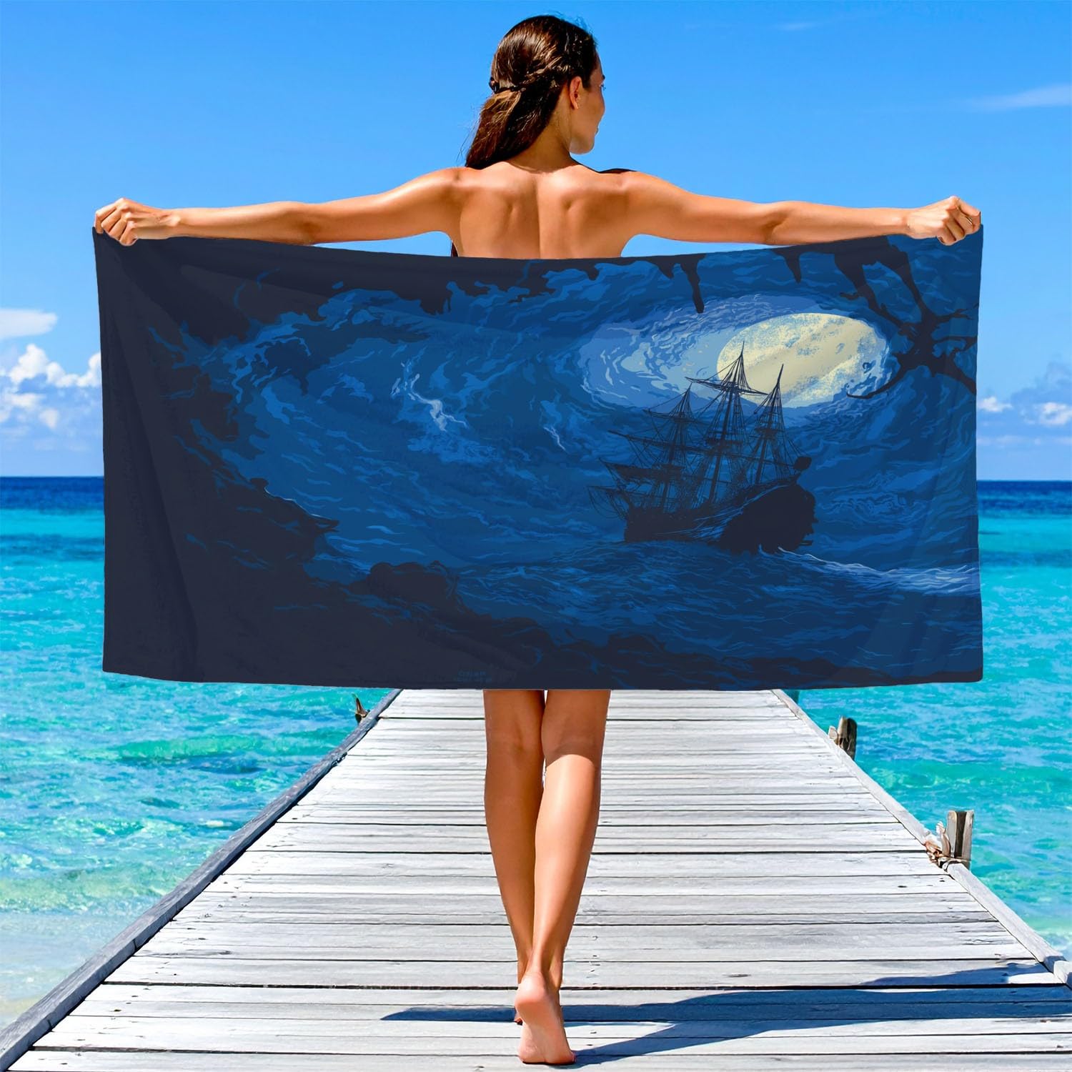 Générique Grande Serviette de Plage 200 x 100 CM,Drap de Plage Microfibre,Couverture de Plage Absorbante Rapide pour Dramatique, Mystérieux Surface de la Mer, Navires, Ciel, Lune