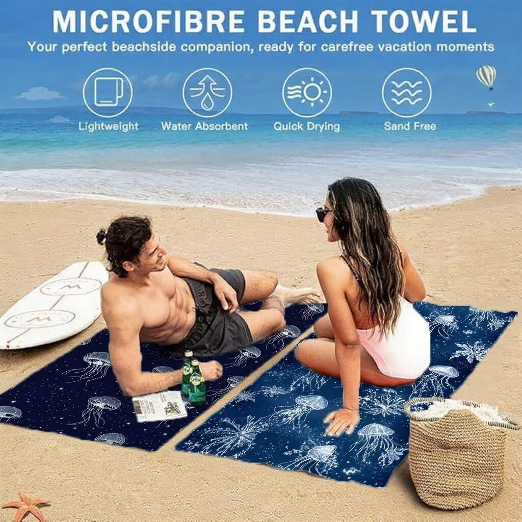 Bleu Serviette de Plage 100x200cm Lot de 2, Méduse Serviette Microfibre Ultra Absorbantes Séchage Rapide Anti Sable Léger Transport Compacte Drap de Plage pour Piscine Voyages Femme et Homme, Model579