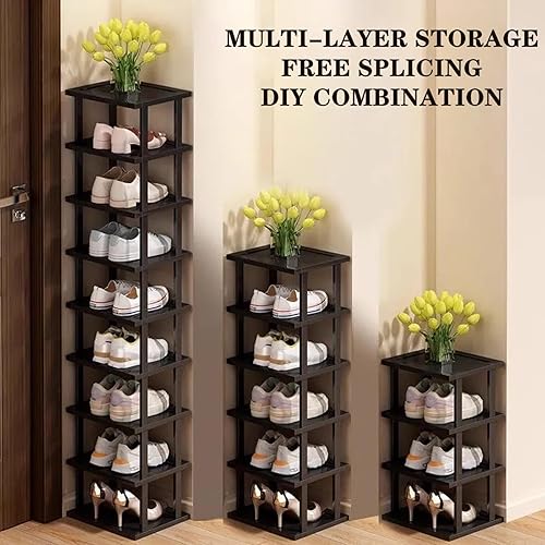 Miniatura 4 de Zapatero vertical  Organizador de zapatos alto y estrecho para espacios pequeños, estante de bambú de 7 niveles para entrada, armario, esquina,