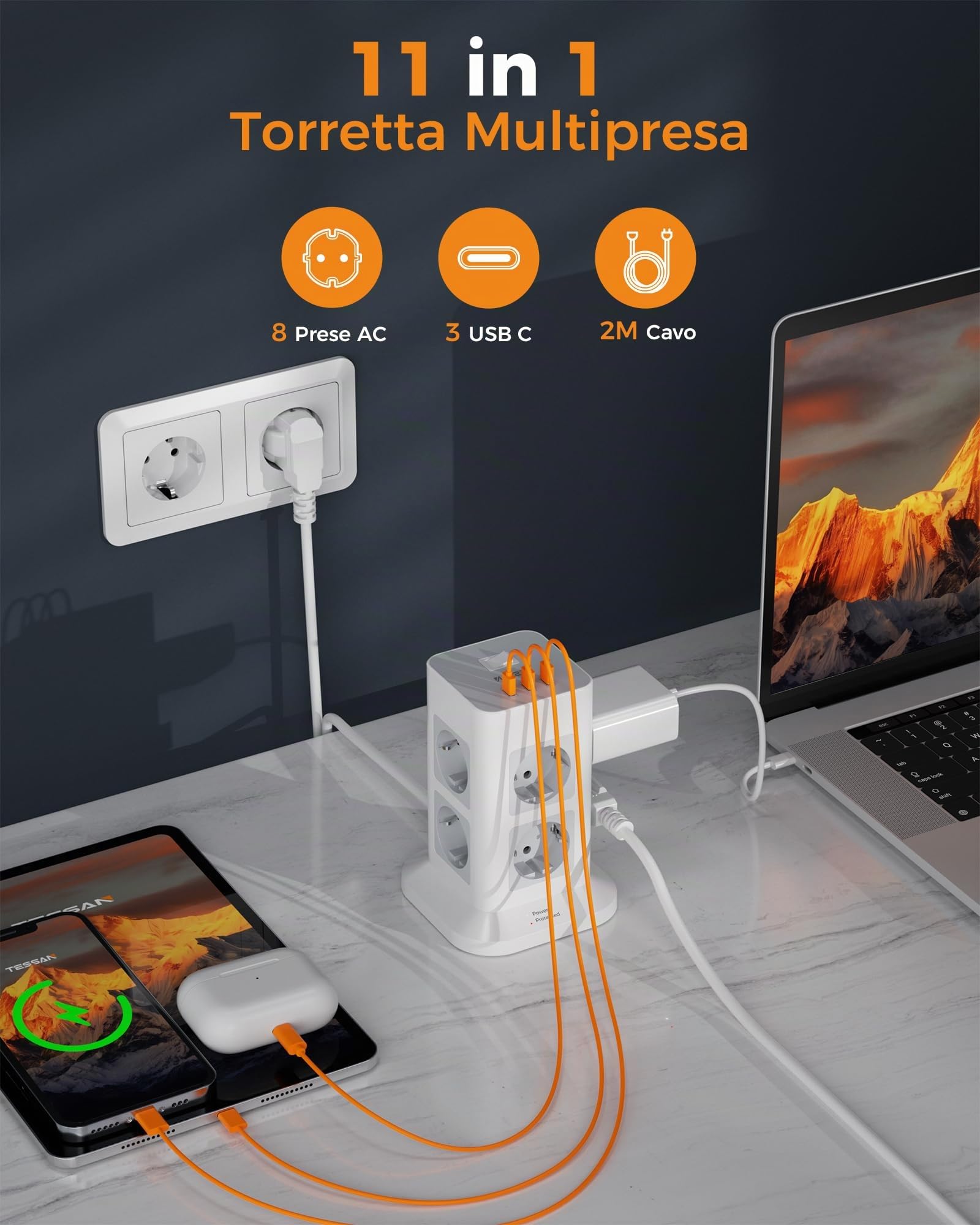 TESSAN 8 Prese Ciabatta Multipresa con 3 USB C, Ciabatta Elettrica con Protezione da Sovratensione 1700J, Ciabatta Elettrica con Interruttore, Multipresa da Scrivania 16A con Prolunga 2M, 3600W