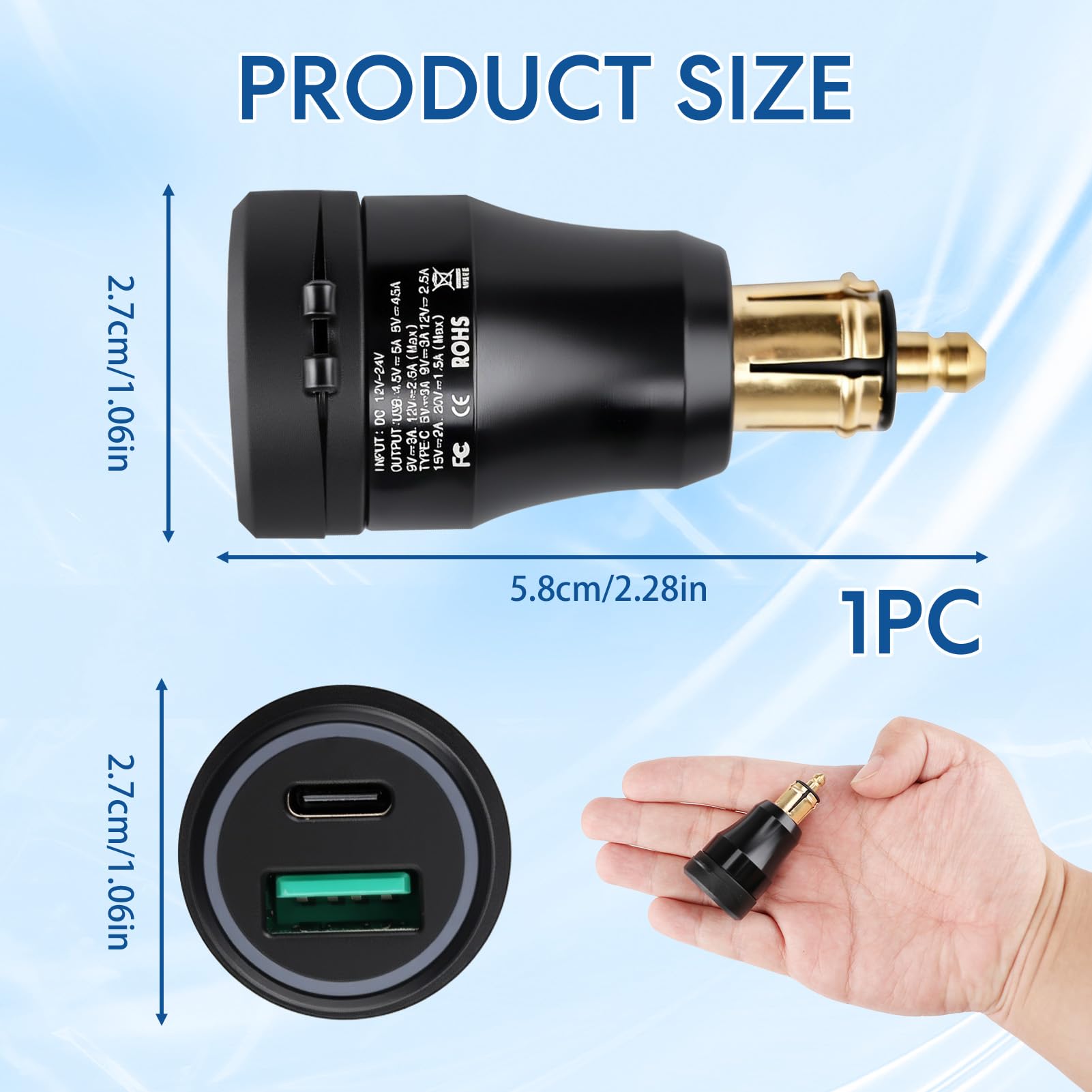 30W Cargador Enchufe DIN para Motocicleta Aluminium Admite Carga Rápida Type C & USB A Integra un Indicador LED de Energía a Prueba de Agua para 12V-24V BMW Ducati Triumph
