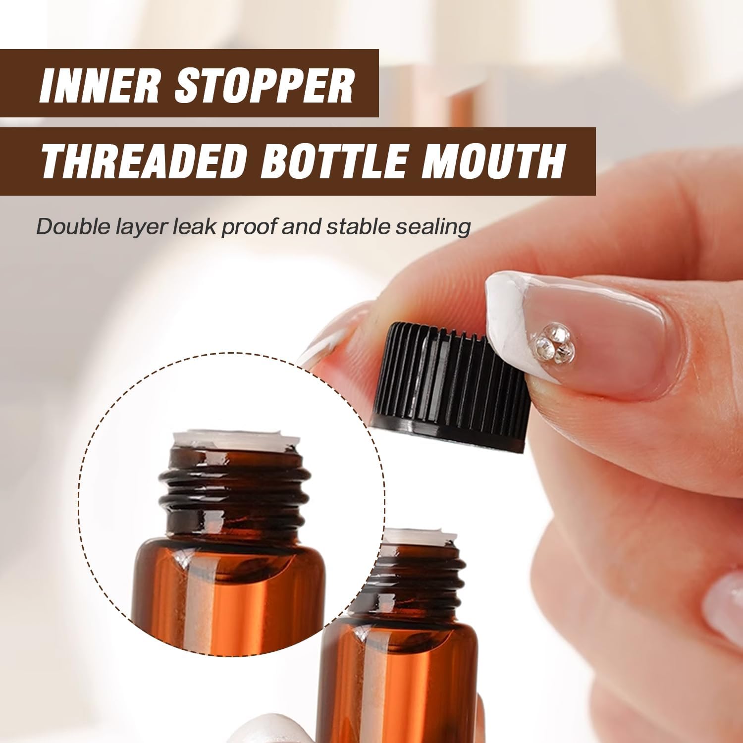 50 Pack 2ml/0.07oz Amber Empty Glass Vials, Mini Travel Sizes Sample Bottles with Screw Caps & Inner Stoppers, Leak Proof Refillable Liquid Containers for Aromatherapy & Perfume
