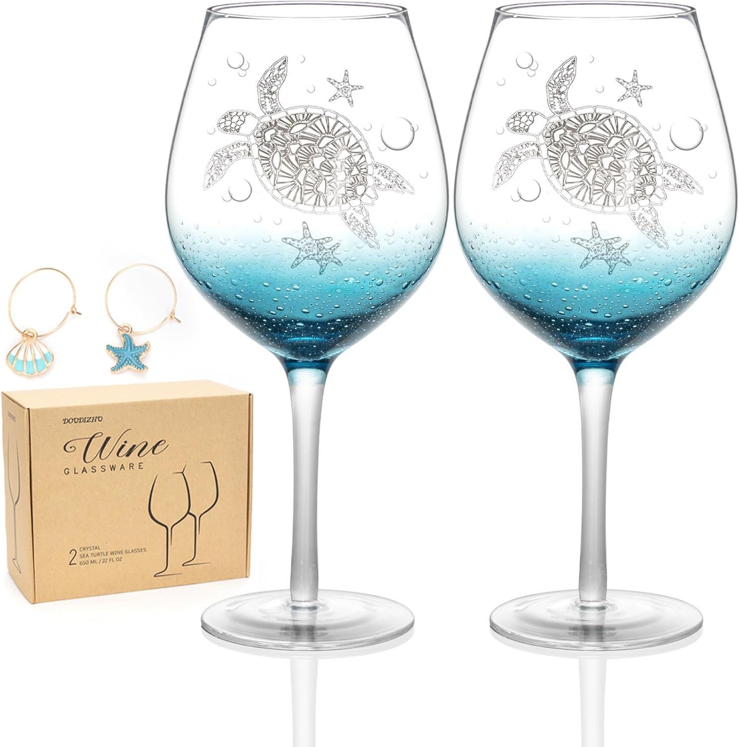 Hand Blown Wine Glasses for Red / White Wine, Set of 2 Turtle Burgundy Glasses, Gifts for Turtle Lovers Mother's Day, Teal Crackle Lead-Free Stemmed Glassware for Anniversary Wedding Birthday 19 Oz