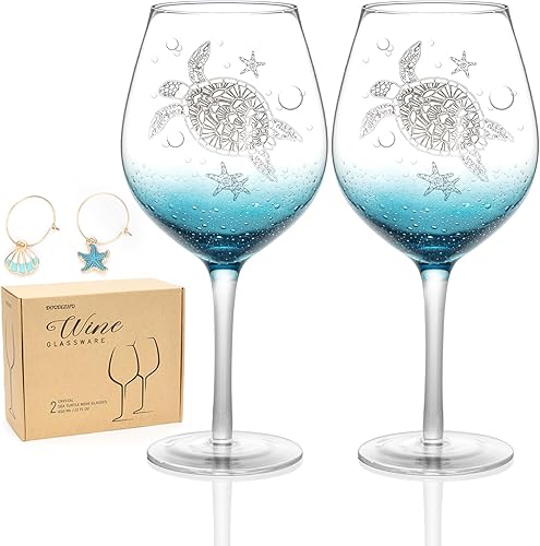 Juego de 2 copas de vino de tortuga, 19 onzas sopladas a mano para vino tinto o blanco, regalos para amantes de las tortugas, cristalería verde