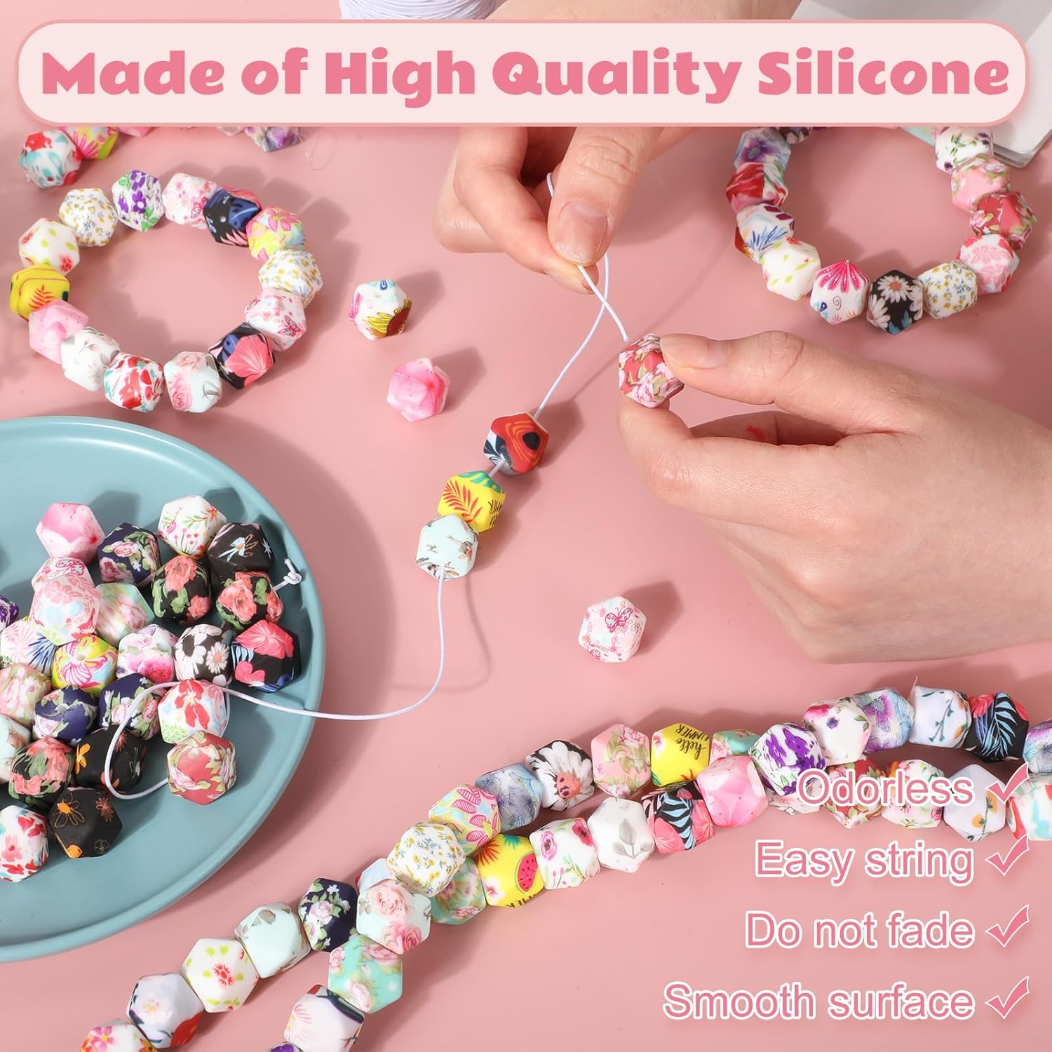 120 Pcs 14mm Silicone Beads Bulk Hexagon Flower Silicone Beads Floral Print Rubber DIY Bracelet Making Kit for Keychain Making Pens Necklace Jewelry - Image 3