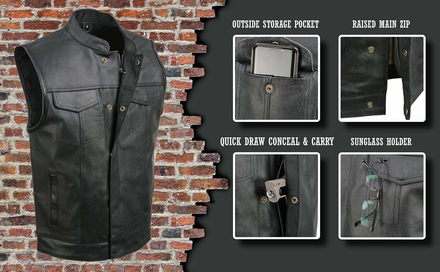 EVENT LEATHER ELM3910 Men's Black Motorcycle Leather Riders Club Style Vest w/Dual Closure - Image 2