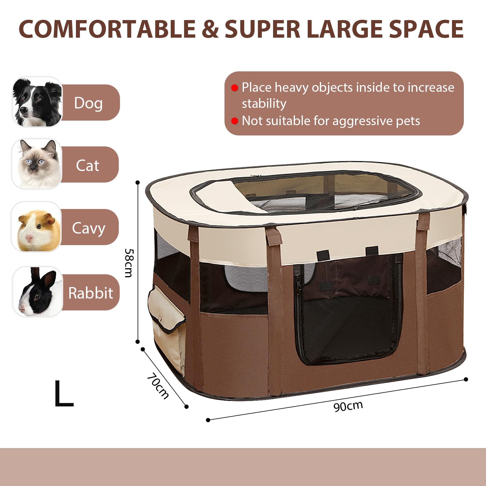 Recinto per Animali Pieghevole - Box Portatile per Cani, Gatti, Cuccioli e Conigli - Marrone 90 x 70 x 58 cm - Traspirante e da Interno