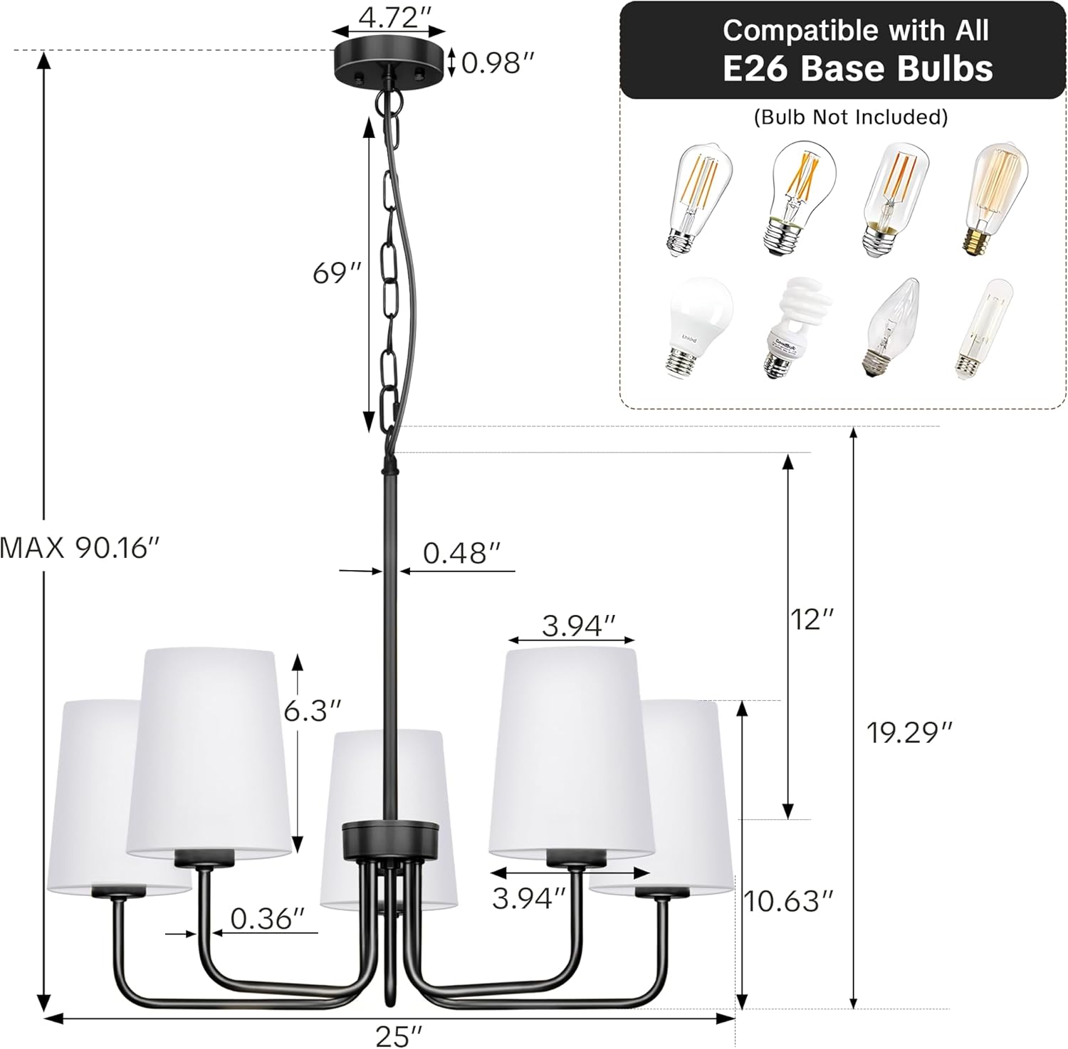 Black Chandelier with E26 Base, 5-Light Farmhouse Chandelier with Shade, Height Adjustable Modern Dining Room Light Fixture Over Table for Kitchen Bedroom Living Room Entryway Foyer Hall