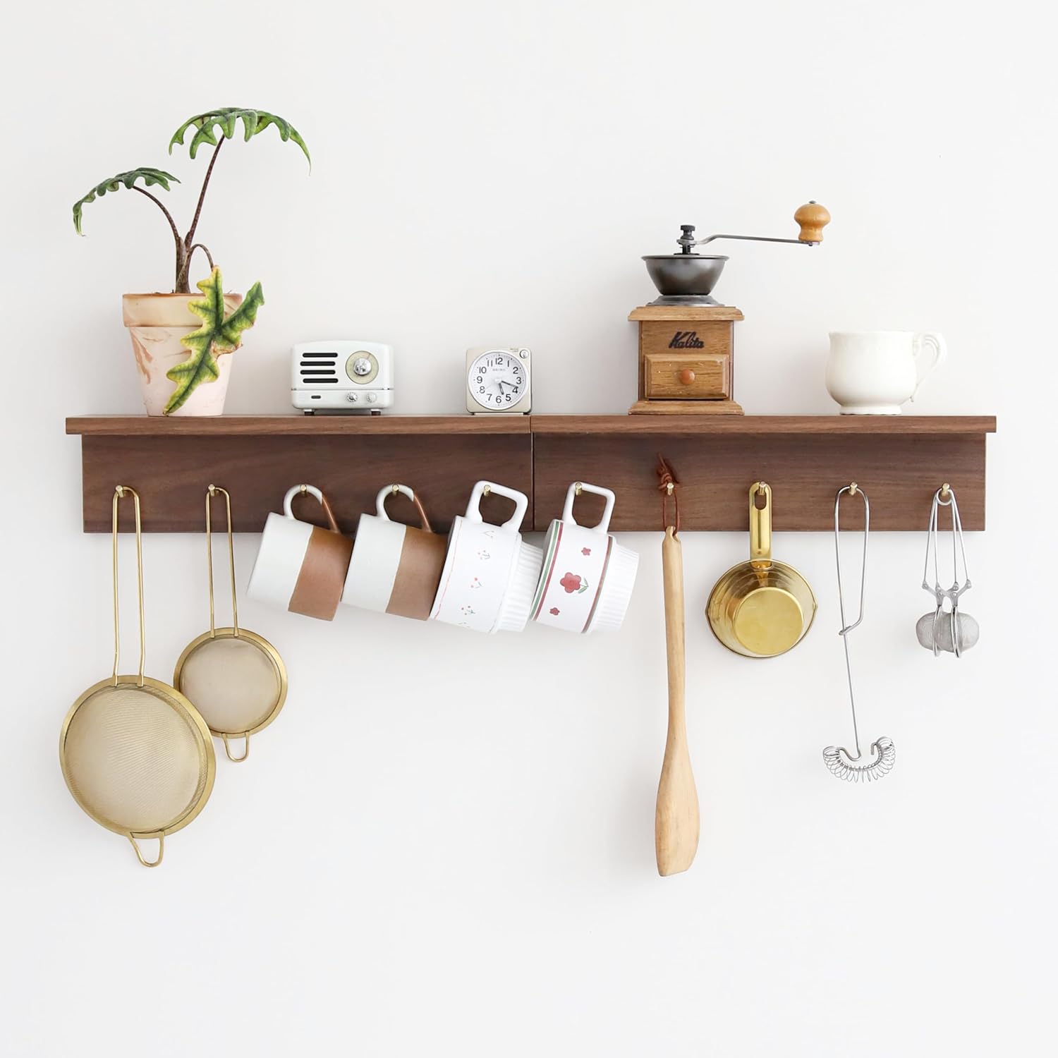 Marine Plywood Wall Mounted Coat Rack with Shelf & Key Hooks, 5 Brass Hooks Entryway Organizer, Modern Floating Shelf for Bedroom Hallway, Space-Saving Home Storage Rack (2, Walnut Finish)