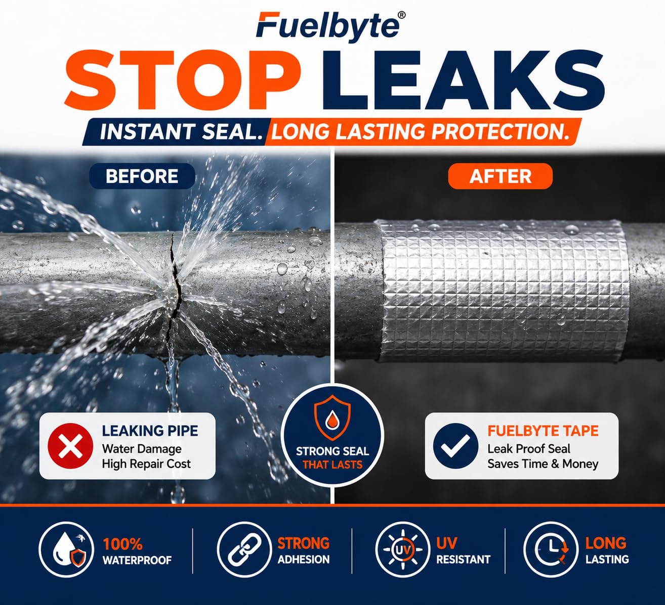 Fuelbyte Waterproof Foil Tape for Leakage Repair for Pipe Leakage Duct Tape Roof Water Leakage Solution Aluminium Foil Tape Waterproof Adhesive Tape Water Leakage Tape Rubber Tape 4