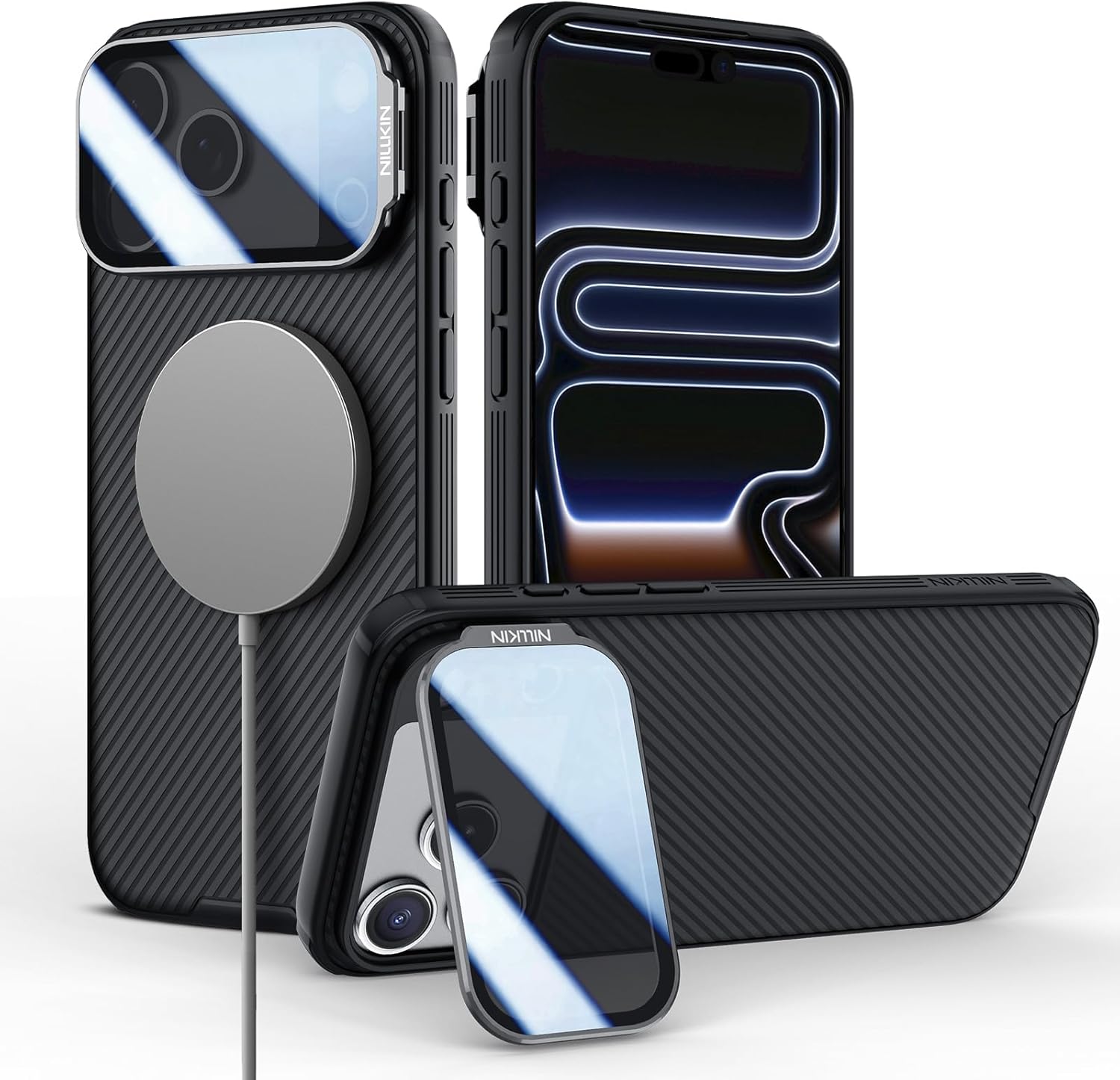 Nillkin for iPhone 17 Pro Case with Camera Cover, Compatible with MagSafe, Full Camera Protection, Shockproof Protective, Adjustable Kickstand, iPhone 17 Pro Case with Stand 6.3 inch, Black