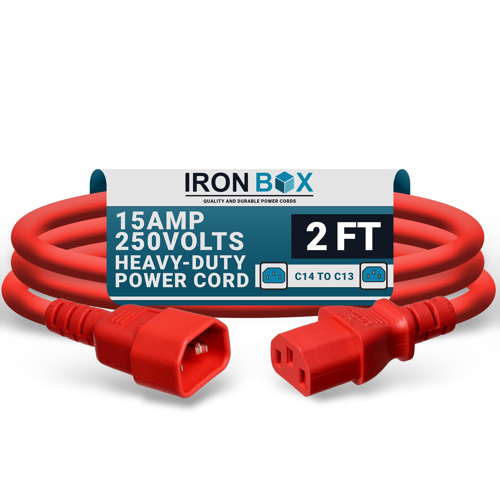 C14 to C13 Power Cord - Red, 2 Foot, 15A/250V, 14/3 AWG, IEC 60320 - Iron Box Part # IBX-2804-02
