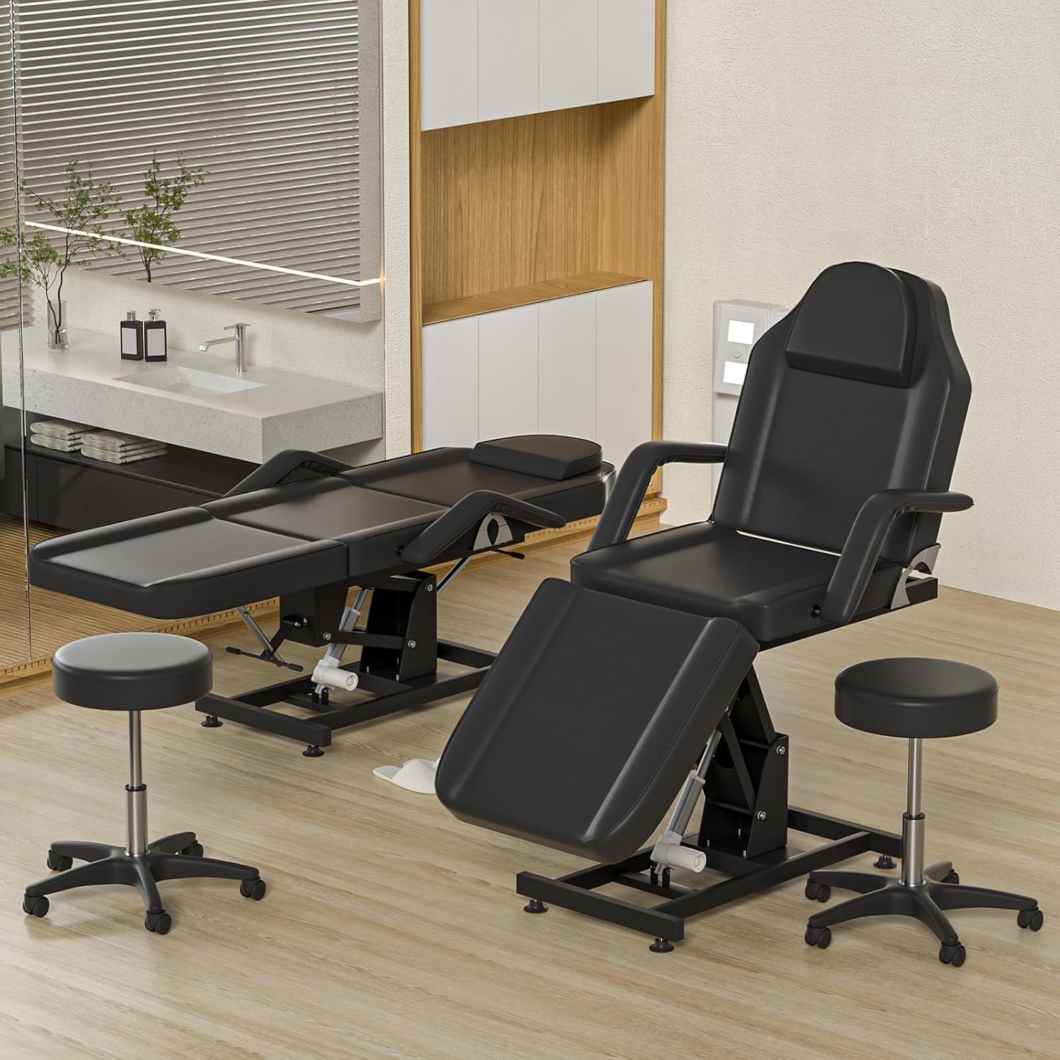 Black Electric Tattoo Chair, Esthetician Facial Bed with Stool,Multi-use Comfortable Massage Table Premium Facial Beds for Spa, Salon, Supports to 440lbs, Black