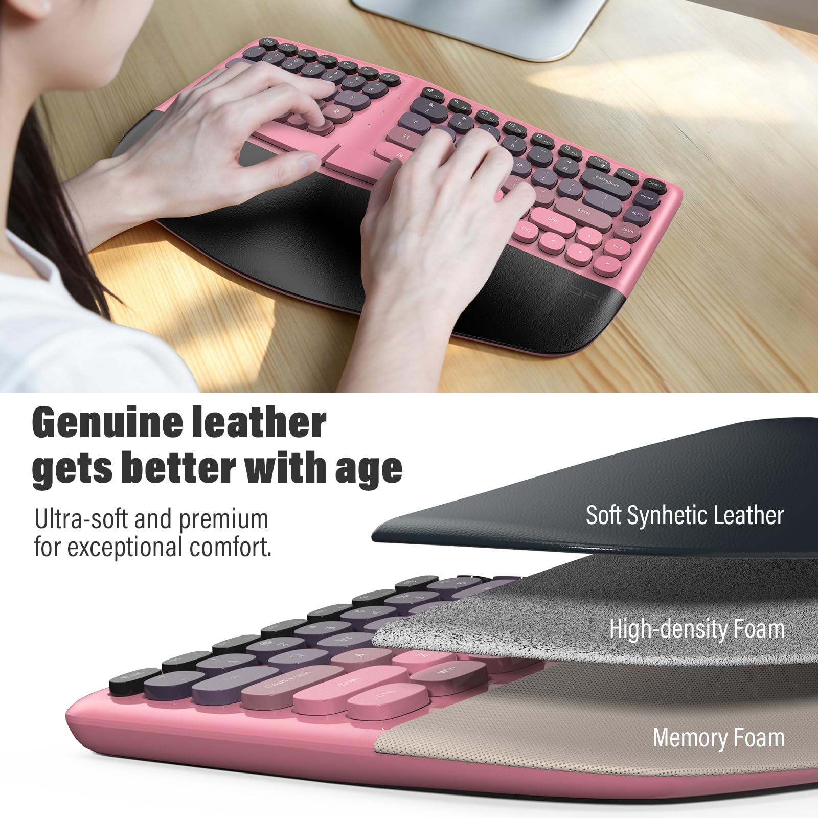 MOFII Tastiera ergonomica wireless e mouse combinata, tastiera curva divisa con poggiapolsi, mouse verticale, 2,4 G, per PC, laptop, desktop, Mac, rosa sfumato colorato