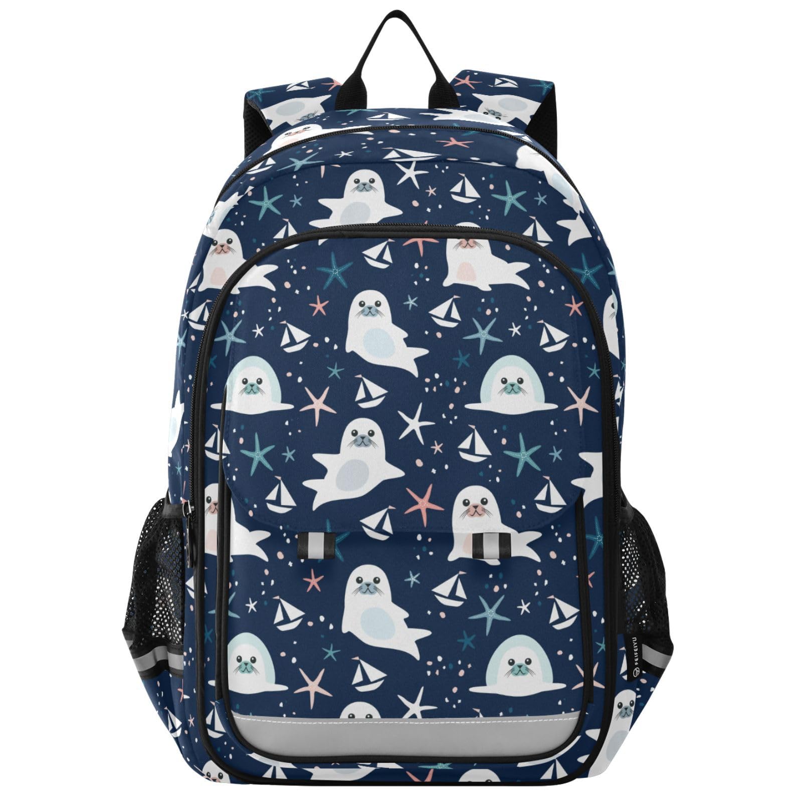 Cute Seals Pattern Backpack Girls Boys Elementary School Bags Bookbags Laptop Backpack Travel Daypack Safe Reflective Stripes