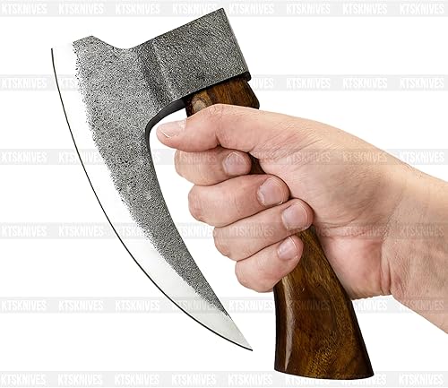 Vista 8 de Único cortador de pizza vikingo hecho a mano con mango de madera, hoja de hacha de acero al carbono ultra afilada y funda de cuero para entusiastas