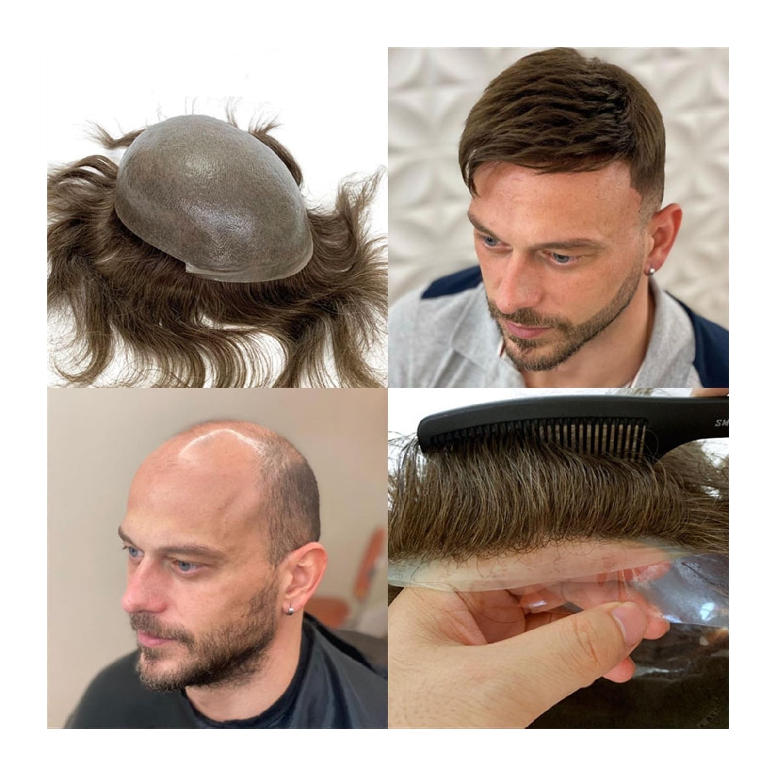 Tupet dla mężczyzn, treski męskie, 0,04 – 0,06 mm, pełna cienka skóra, kokardka w kształcie litery V, prawdziwe włosy, włosy Remy, system wymiany włosów z poliuretanu, trwała proteza męskich włosów