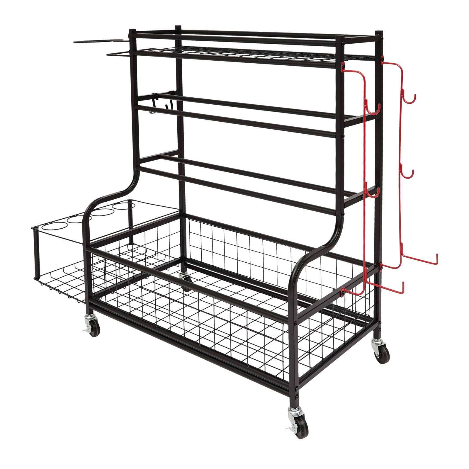 JIDIJINGH - Scaffale per attrezzi sportivi a 4 livelli, in acciaio al carbonio, multifunzione, con 4 ruote, 8 ganci e contenitori, capacità di carico di 160 kg, nero, 102 x 40 x 93 cm