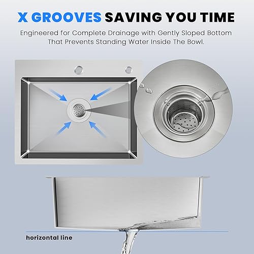 Miniatura 6 de POPFLY Fregadero de cocina de 20 x 16 pulgadas, fregadero de cocina profundo hecho a mano de acero inoxidable 304 con 2 agujeros, cepillado