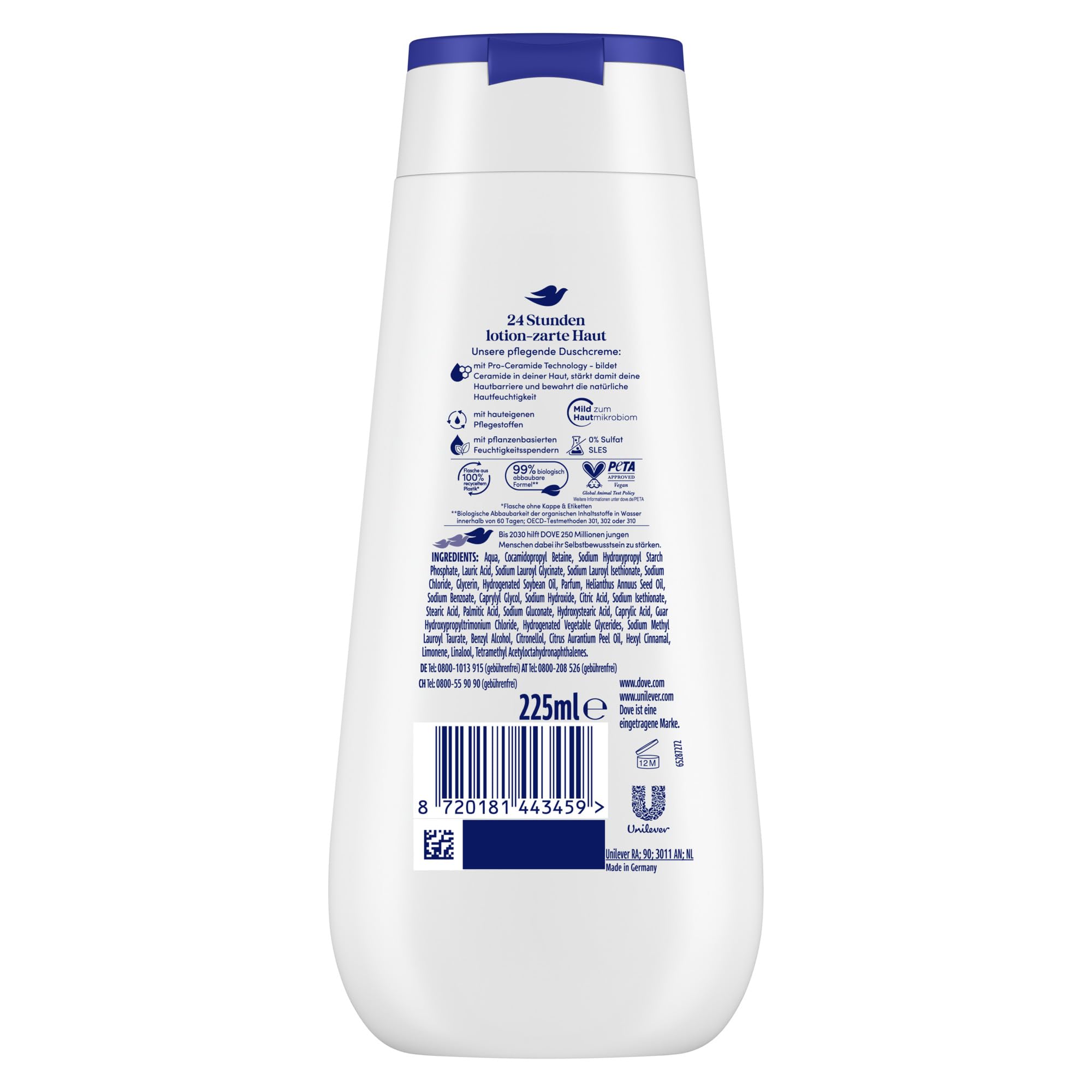 Dove Advanced Care Duschcreme Reichhaltige Pflege für 24 Stunden lotion-zarte Haut direkt aus der Dusche mit Pro-Ceramide Technology 225 ml
