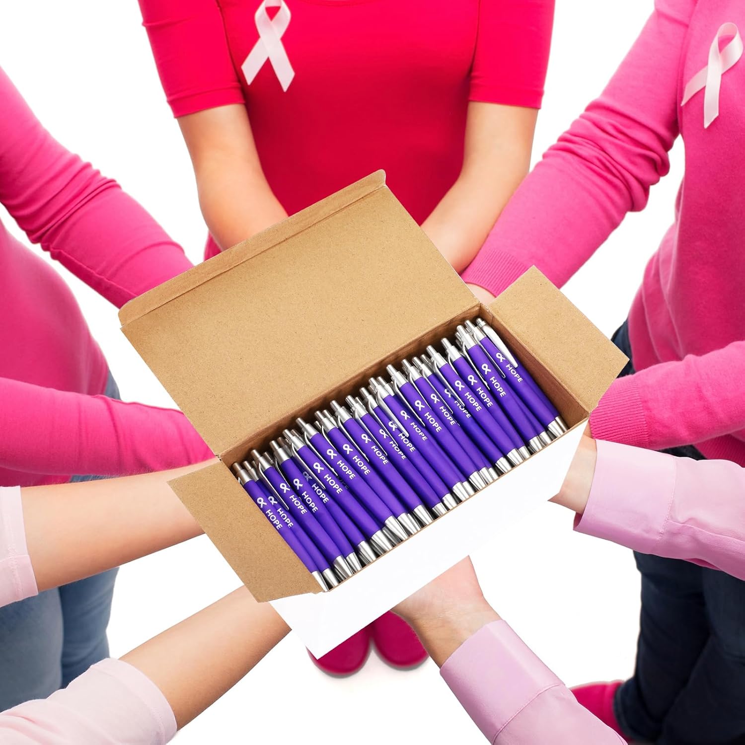 Qilery 200 Pcs Breast Cancer Awareness Pens Bulk Ribbon Awareness Ballpoint Pen Anti Violence Bracelets Leukemia Aware Mental Heath for Volunteering Office Supplies (Purple)