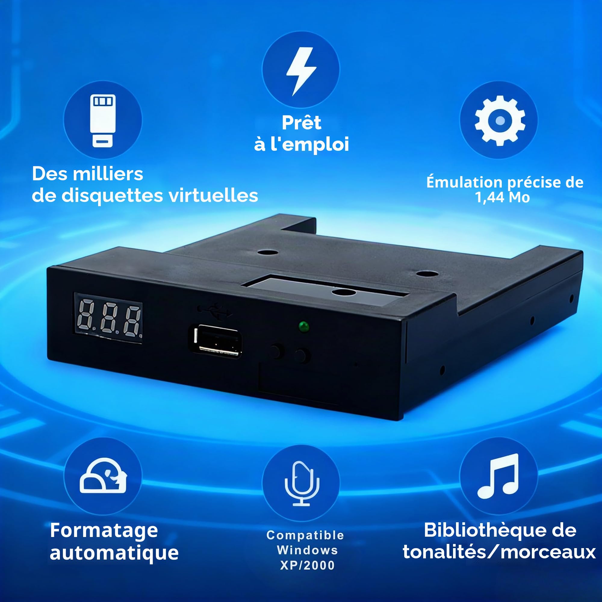 Émulateur de lecteur de disquette SFR1M44-U100, 1,44 Mo 3,5" USB Floppy Lecteur de disquettes avec USB SSD Émulateur de Floppy Compatible avec claviers de musique et orgue électronique Noir