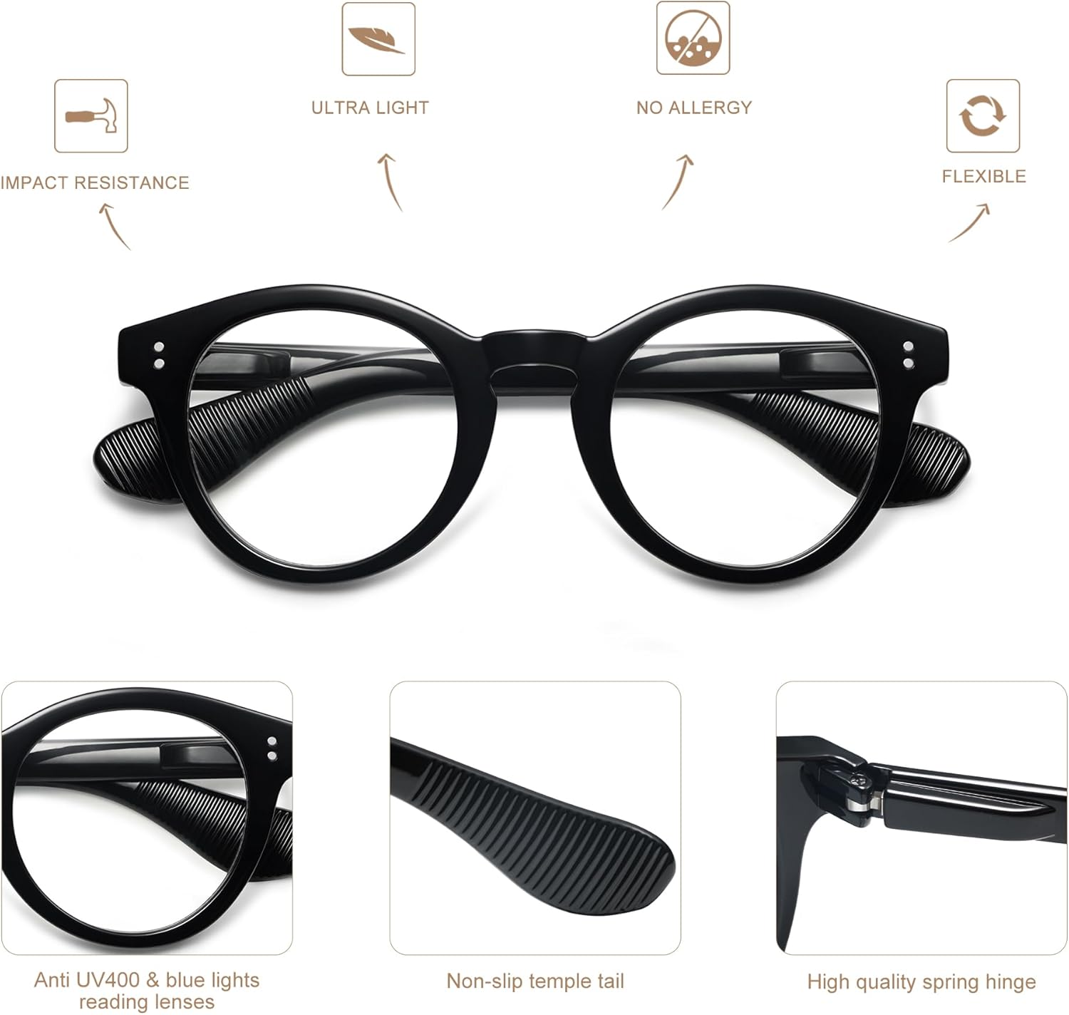 AMOMOMA 3 Pack Classic Round Reading Glasses for Women Men,Retro Blue Light Computer Reader Frame AM6142 - Image 4