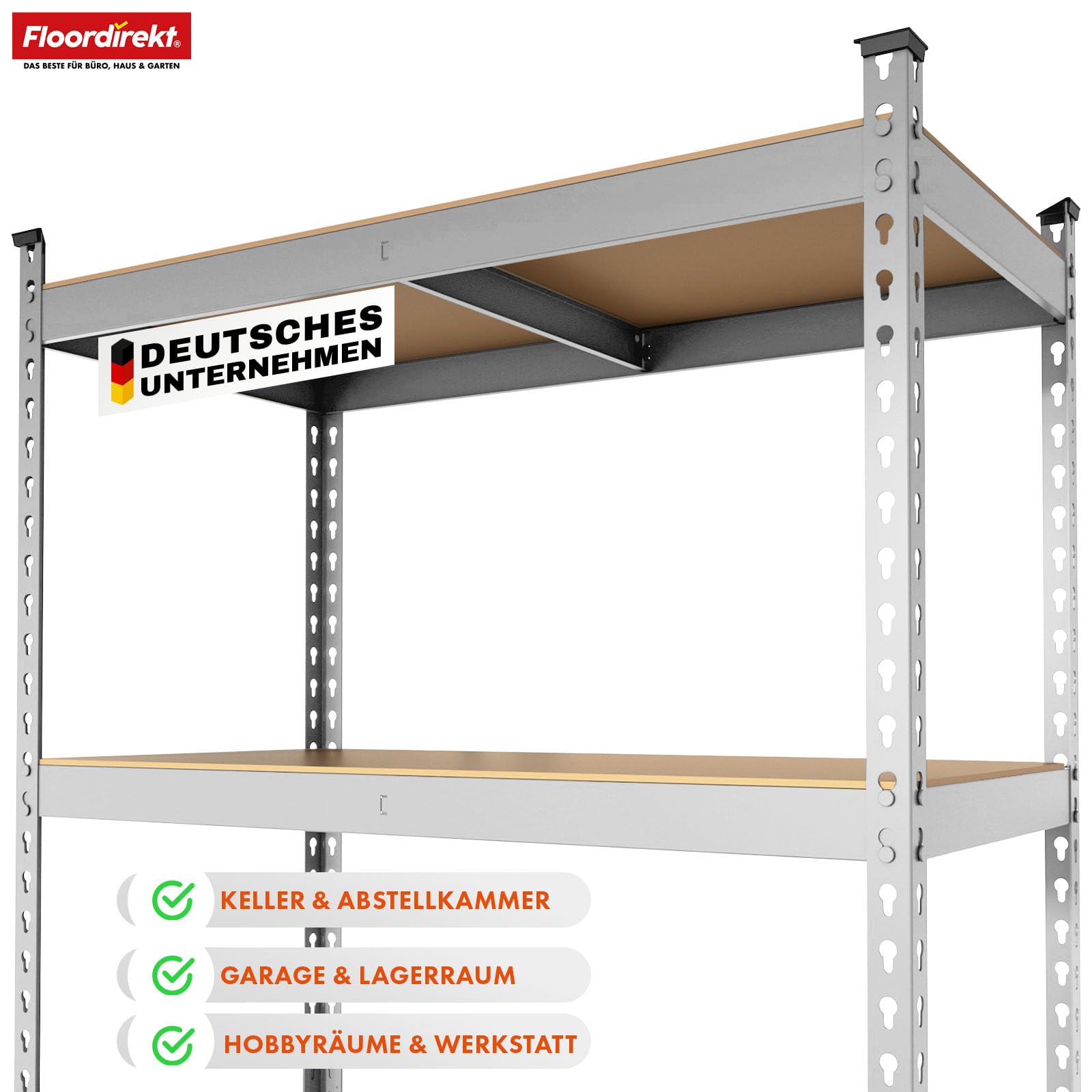 Floordirekt Schwerlastregal, Kellerregal, Lagerregal mit Stahlgestell 1050 kg Traglast (Verzinkt, 180 x 90 x 60 cm) Rhino