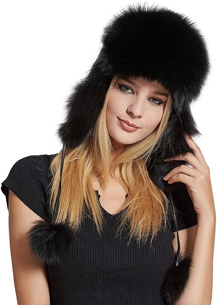 Fur StoryWomen's Fur Trapper Hat with Sheepskin Earflap Warm Hat Winter hat with Pom Pom