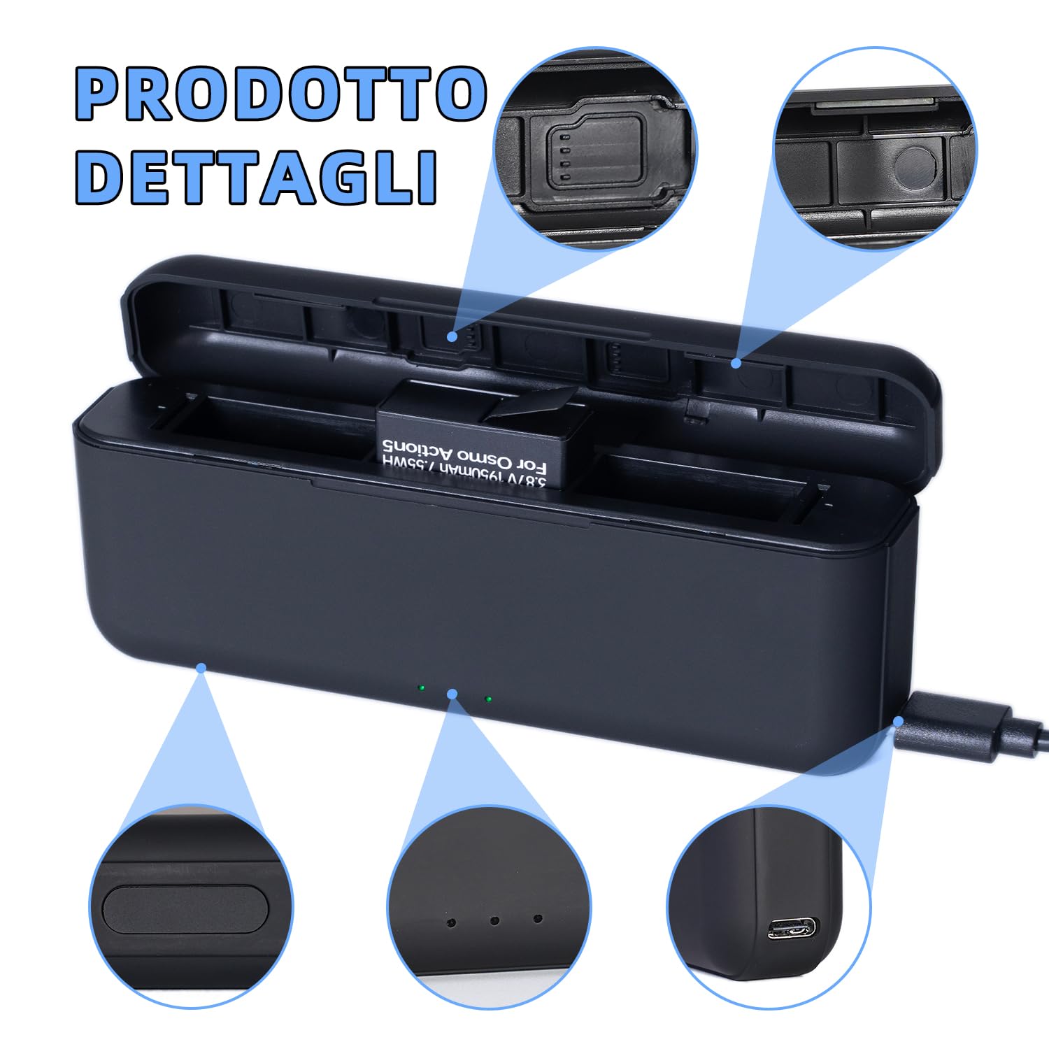 Osmo Action 5 Pro - Caricabatterie compatibile con DJI Osmo Action 5 Pro, 4 e 3, custodia di ricarica rapida USB tipo C