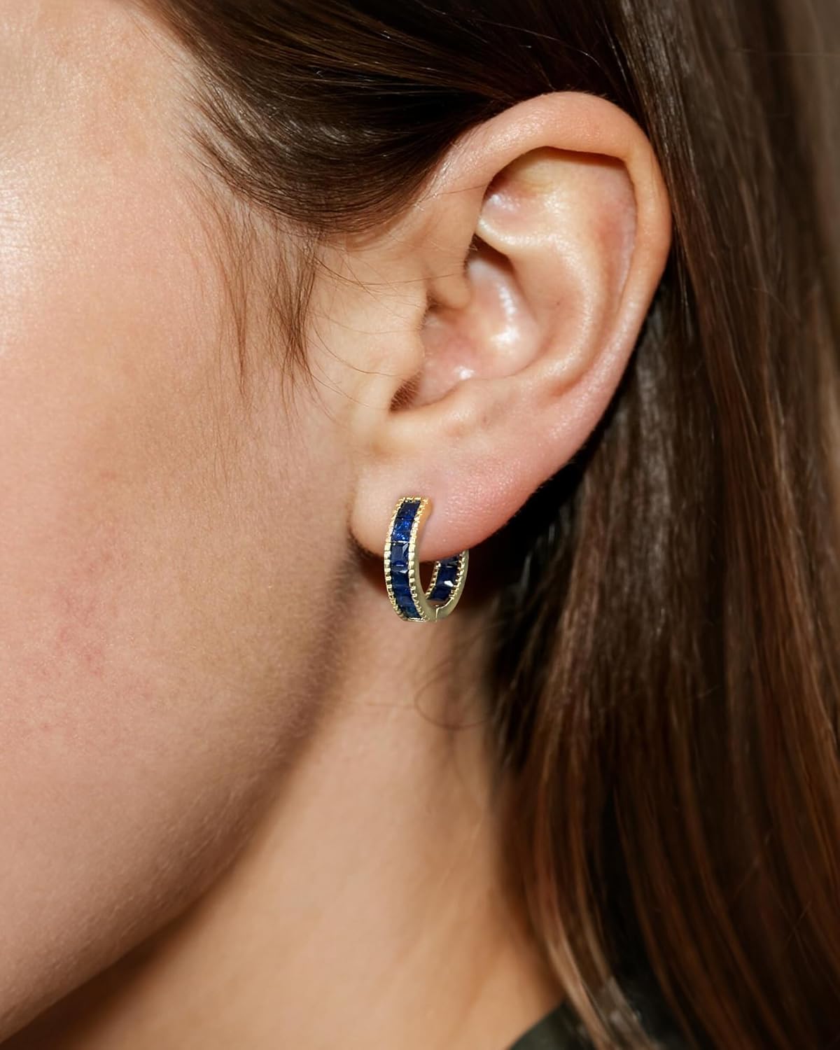 Tiny Blue Sapphire Hoop Huggie Earrings for Women, Hypoallergenic 14K Gold Plated Small Blue Cubic Zirconia Hoop Earrings Cuff for Women Jewelry Gifts - Image 3