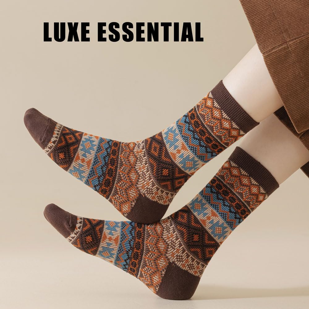 5 pairs fair isle retro ethnic style Women’s Bohemian Crew Socks – Thick Warm Cotton Autumn and Winter Socks, Cozy & Stylish Gift Idea fall socks women - Image 4
