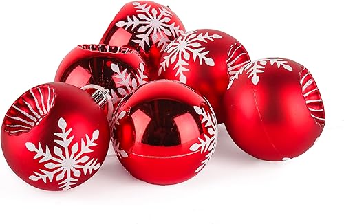 Miniatura 3 de National Tree Company First Traditions Adornos para árbol de Navidad, rojo con motivos de copo de nieve blanco, juego de 6