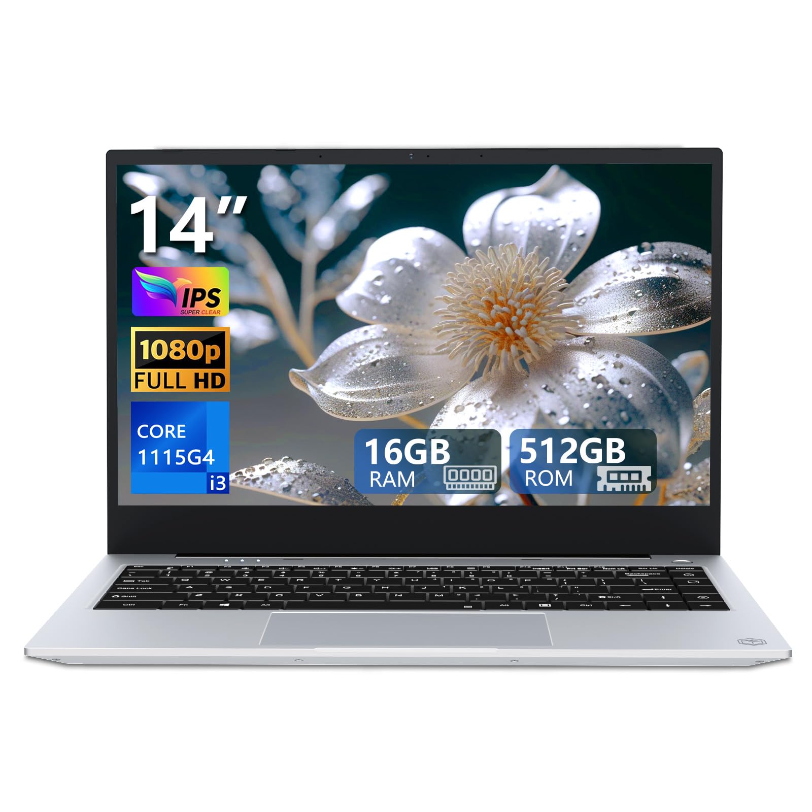 14.1 Pulgadas PC Portátil, Win 11 Ordenador Portátil, Core i3-1115G4 CPU(up to 4.1GHz), Portátil con 16GB DDR4 RAM 512GB SSD, USB3.2/Type-C/WIFI6, 7000mAh Battery, 1920*1080P IPS Pantalla Laptop