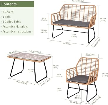 buybyroom Garden Table and Chairs Set 4 Rattan Garden Furniture Set, Balcony Furniture Set Suitable for Indoor and Outdoor, Brown, 1 Sofa + 2 Armchairs + 1 Table