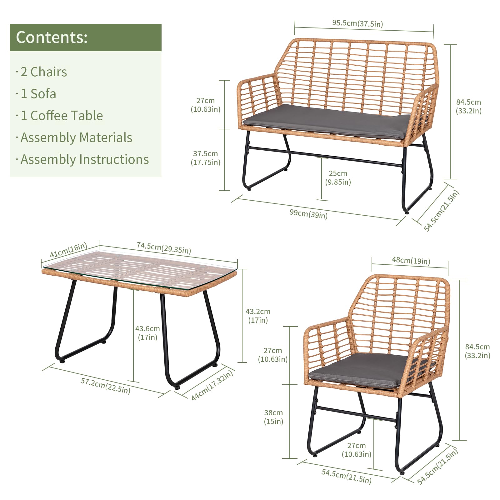 buybyroom Gartenmöbel-Set für den Außenbereich, 4 Personen, Rattan-Sessel, Tisch und Stuhl für den Außenbereich, inklusive 2-Sitzer-Sofa + 2 Sessel + 1 Gartentisch, abnehmbare Kissen