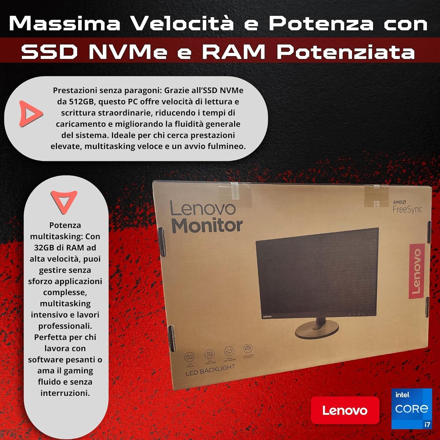 Lenovo Computer 27 Pollici Core i7 Fino a 4,00 GHz 16GG Ram 512GB SSD Win 11 Pro Office 2021 Pro DvD RW Garanzia 36 mesi