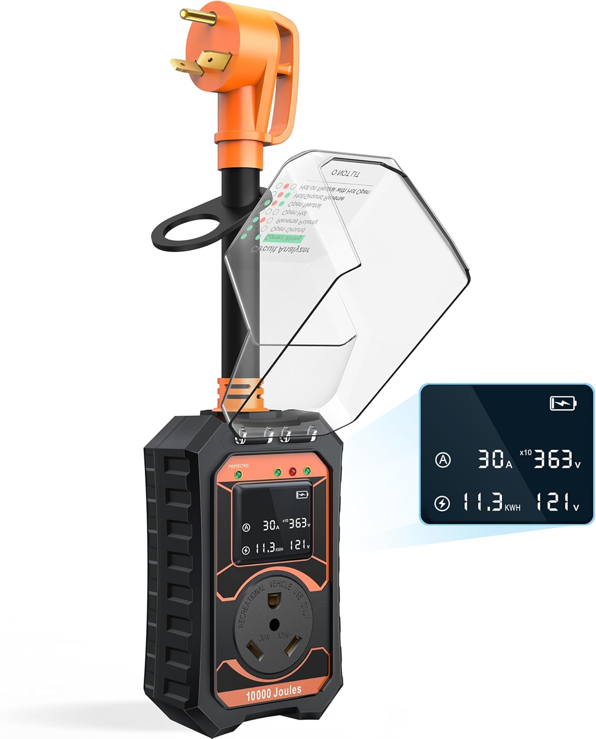RV Surge Protector 30 Amp Smart RV Circuit Analyzer with LED Real-time Display Voltage Current KWH 10000 Joules Portable Waterproof RV Surge Protector for Camper Travel Trailer Rv Accessories