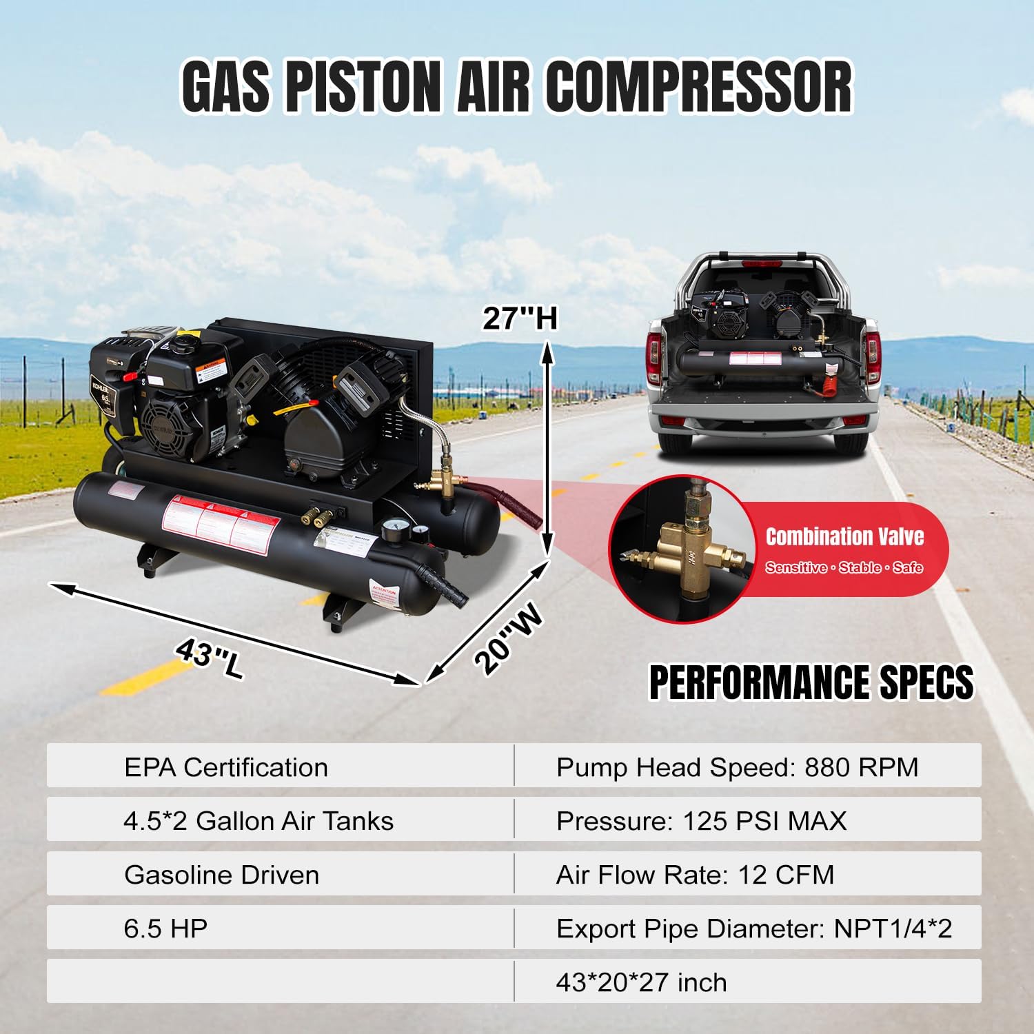 6.5HP Gas Powered Air Compressor 12CFM Portable Gasoline Driven Piston Pump Air Compressed System with 125PSI Max. Pressure and 9 Gal Air Tank for Workshop, Construction Sites, Machinery