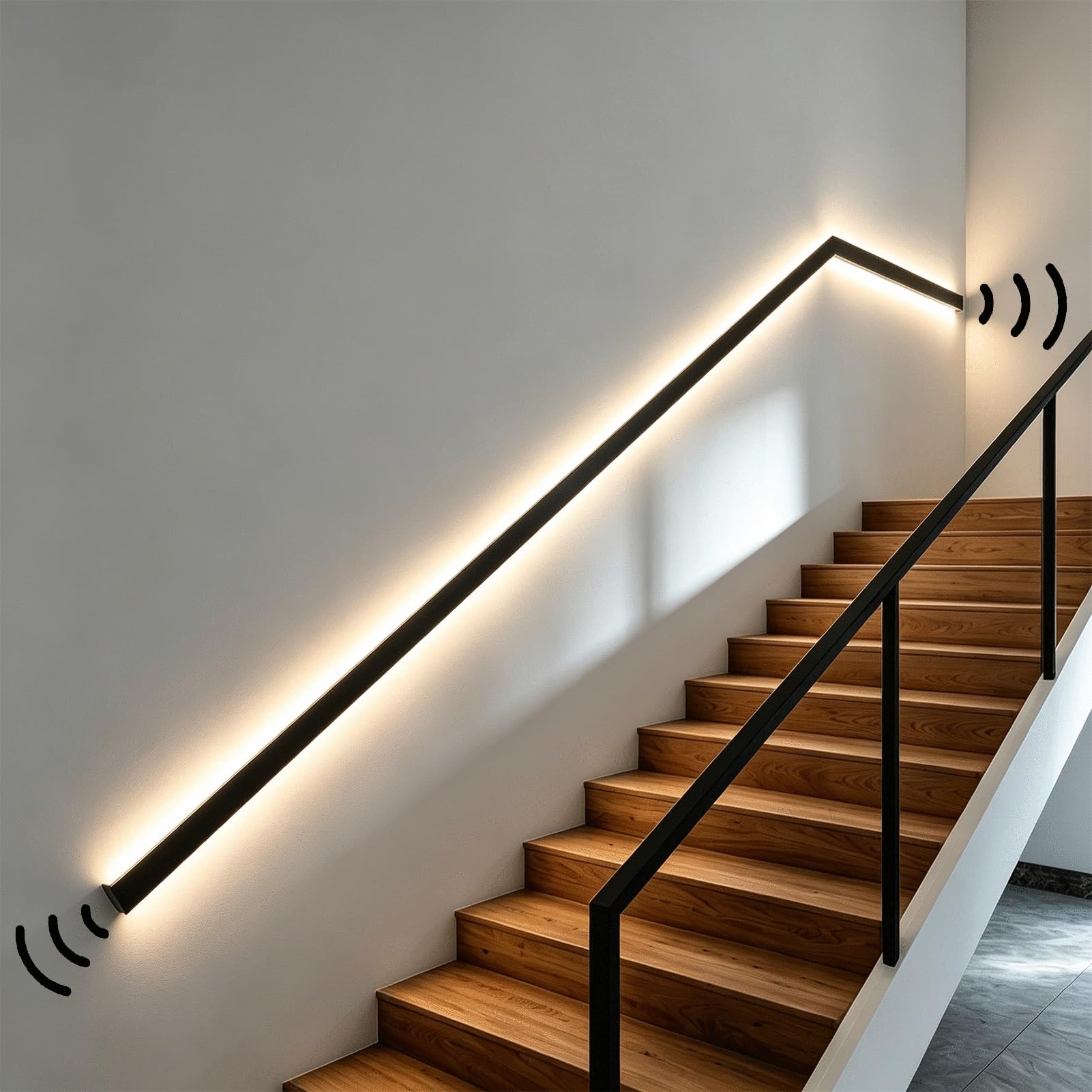 Viiguiy Left Natural Light Sensor Activated Stair Handrail, Wall Mounted Luminous Staircase Handrails, Heavy Duty Non-Slip Safety Grab Bar For Indoor Stairs(,90Cm/35.4In)