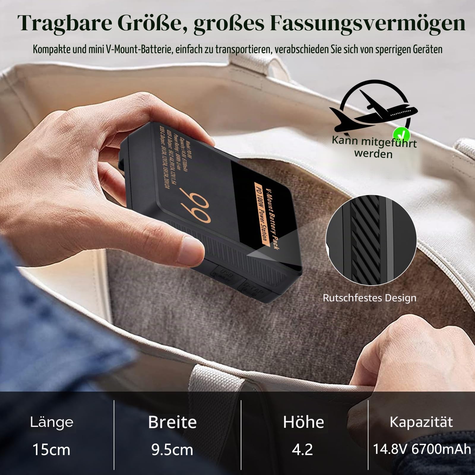 V Mount/V-Lock Akku 99Wh 6700mAh Mini V-Mount Batterie mit PD 100W USB-C Schnellladekabel und PD 65W Stecker für Camcorder, Kamera, Feldmonitor, Videolicht