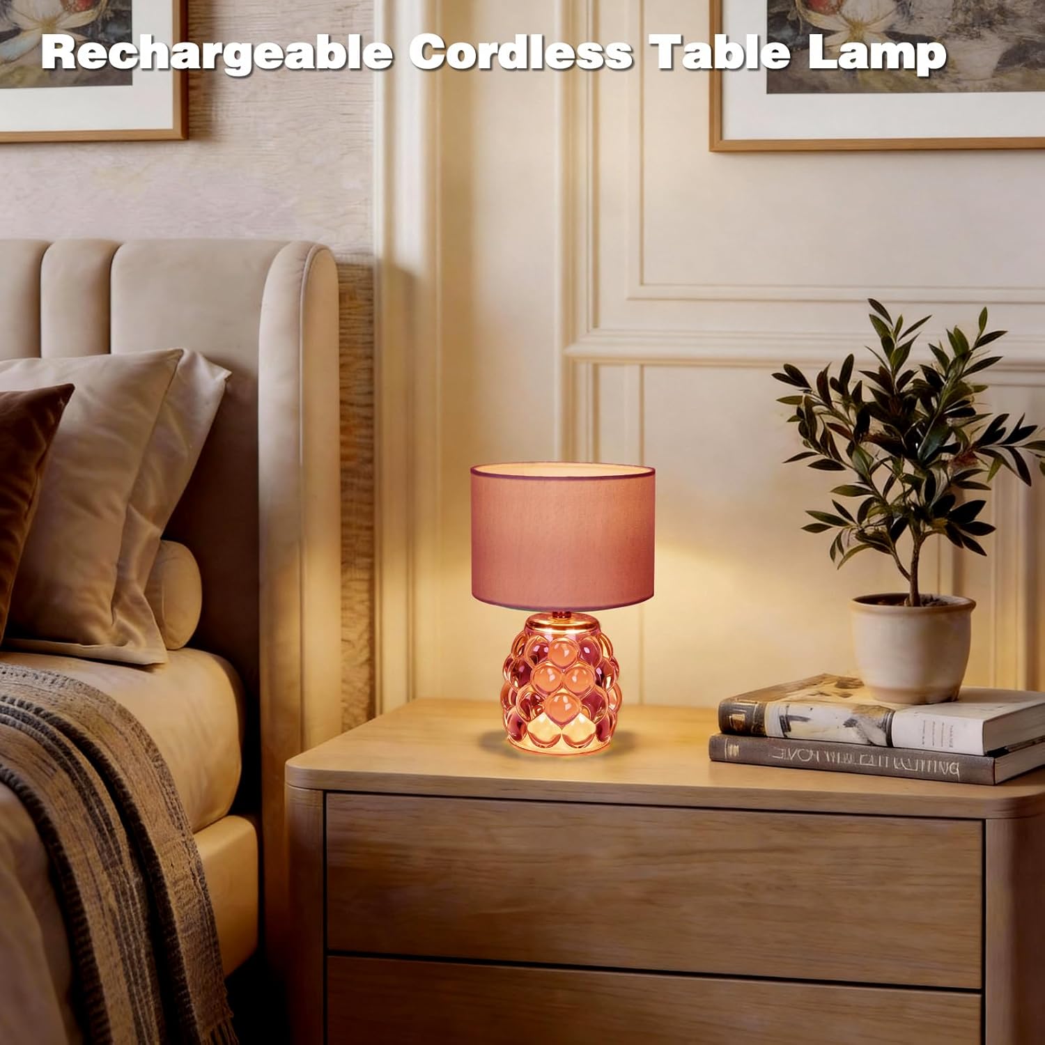 MJ PREMIER Pink Rechargeable Table Lamp Battery Powered Lamp Dimmable Touch Control 3 Color Night Light, Wireless Portable Desk Lamp with USB for Girls Bedroom, Nightstand Kids Room, Home Decor