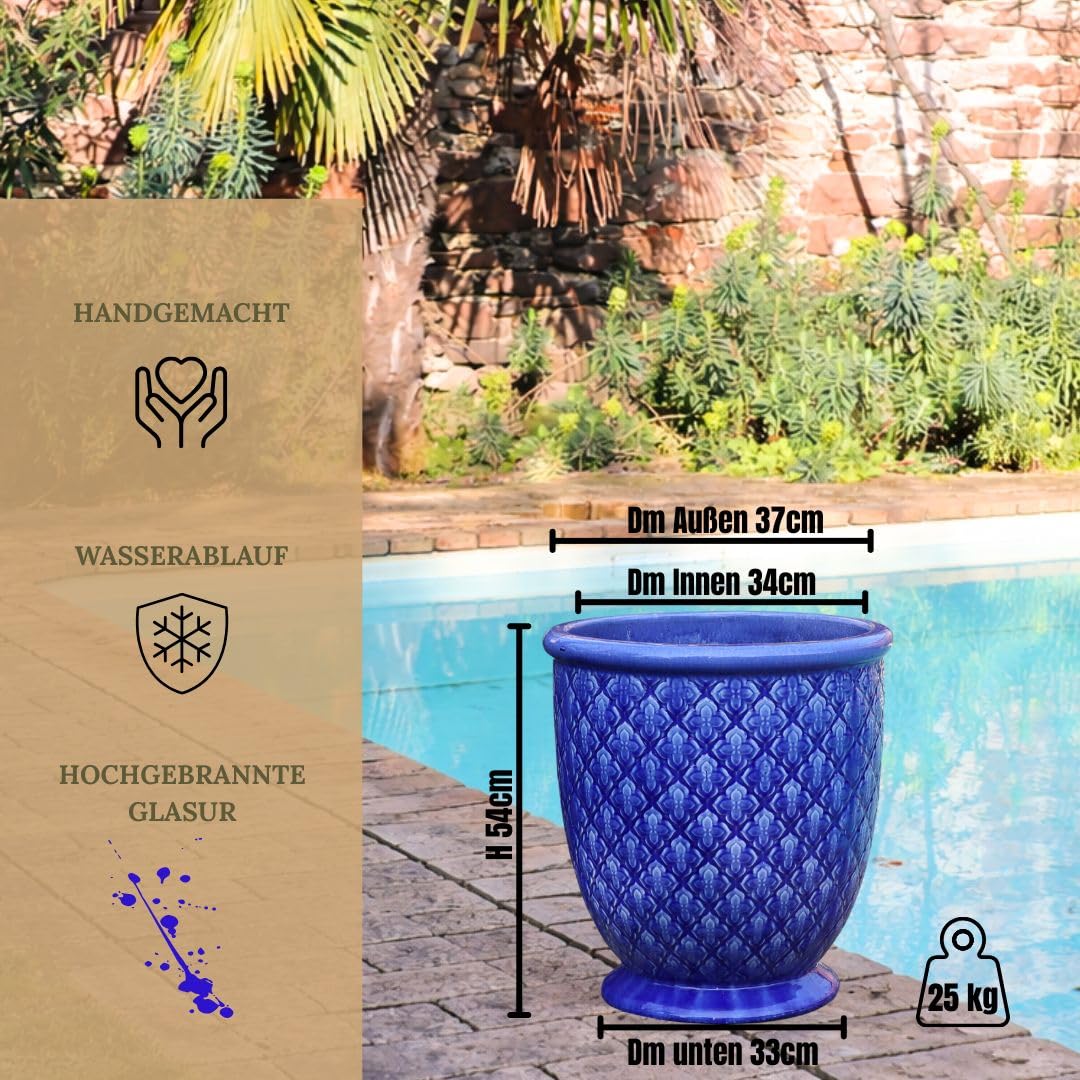 Indigo Provence glazurowana donica na rośliny, 54 cm, w kolorze kobaltowego błękitu – ręcznie wykonana ceramiczna donica na kwiaty z wysoko wypalaną glazurą i odpływem wody zapobiegającej