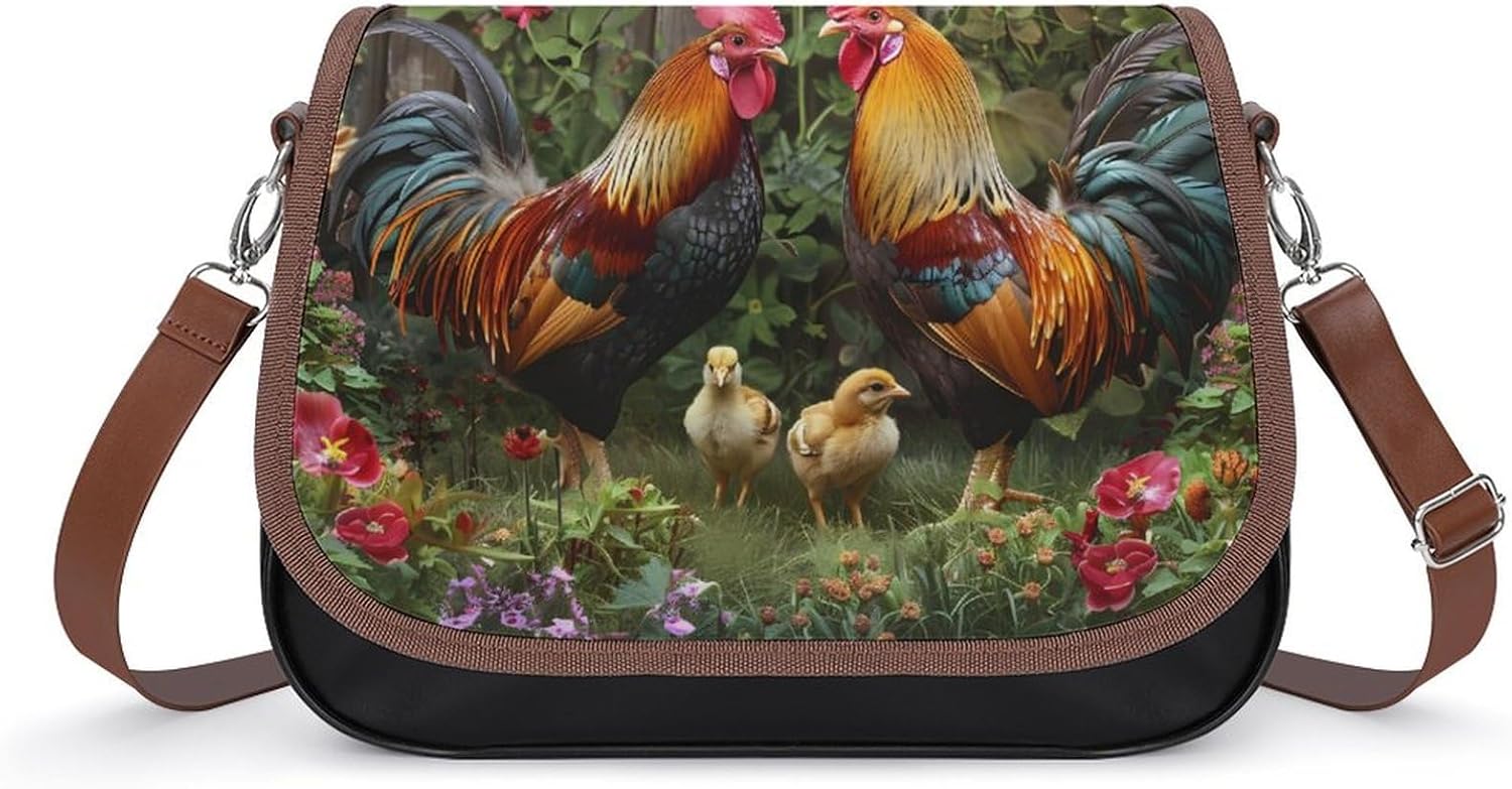 Chicken Rooster Garden Flowers Messenger Bag for Women PU Leather Crossbody Bags Shoulder Handbags Purse