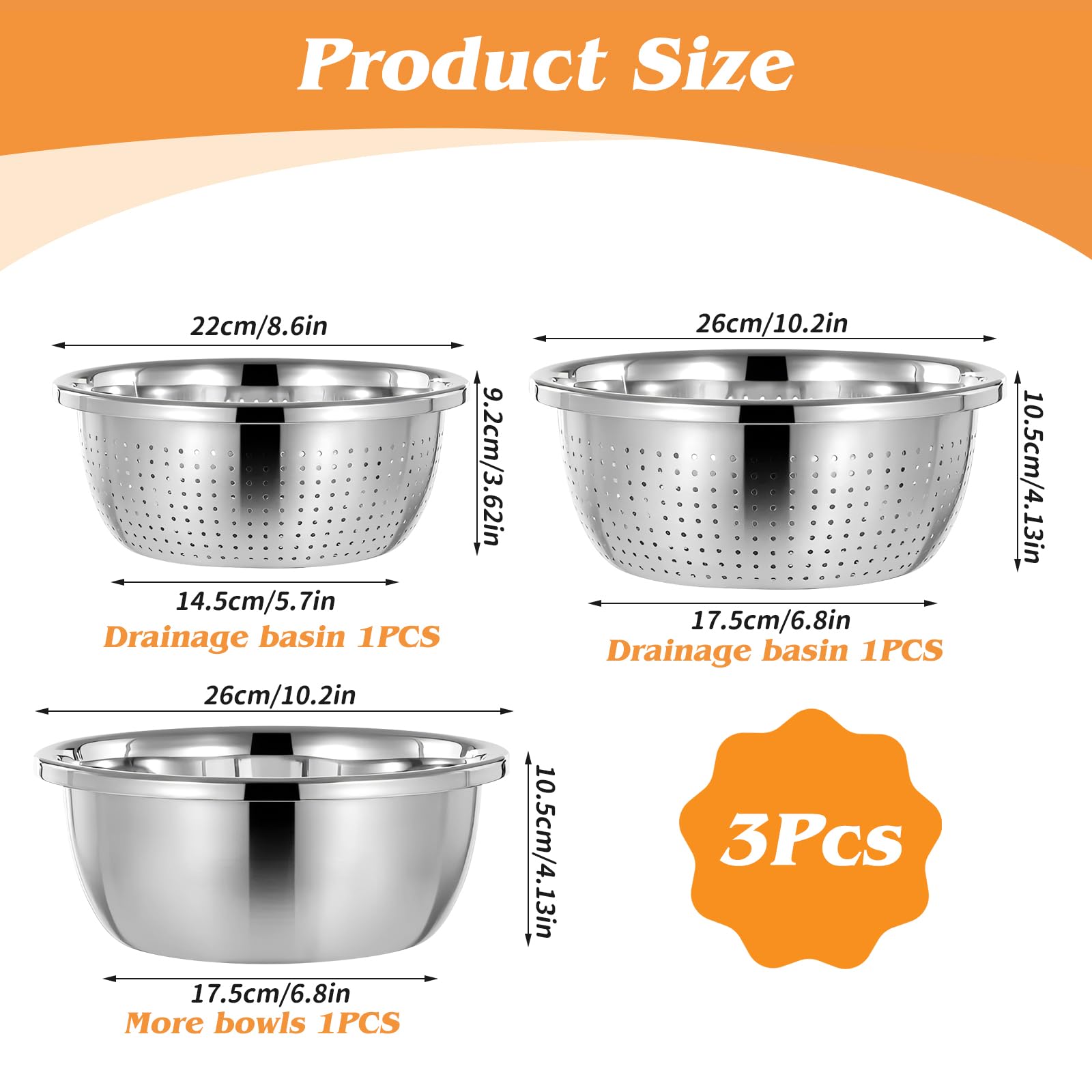 3 Stück Edelstahl Seiher Schüsselset, Ø26/22cm Küchensieb 26cm Rührschüssel Nudelsieb Durchschlag Sieb Set Reissieb Metallsieb zum Waschen von Reis Salat Obst Gemüse