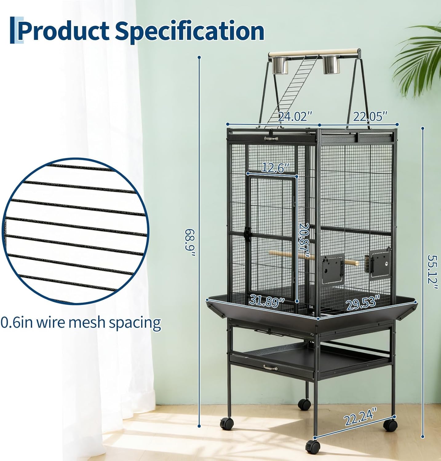 Grand cage à oiseaux 173cm avec Espace de jeu supérieur et roulettes – Volière Pour perroquets, perruches, calopsittes, Conures, inséparables – Support inclus – Idéale Pour oiseaux domestiques –