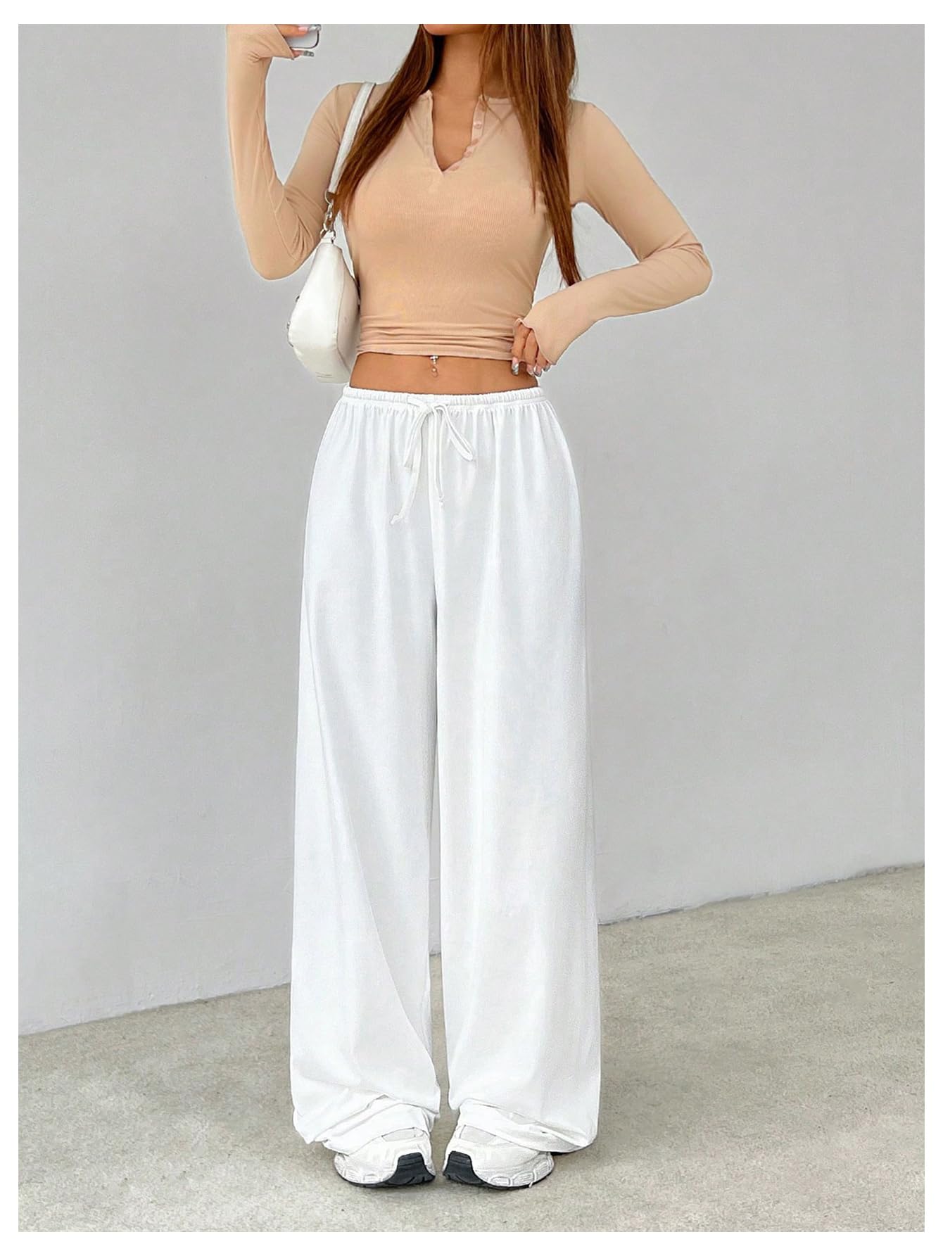 Verdusa Women's Loose Wide Leg Sweatpants Elastic Drawstring Waist Casual Long Pants