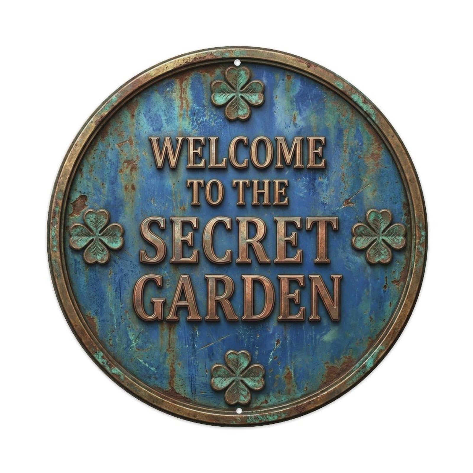 Vintage Welcome Secret Garden Bronze Cobalt Clover Metal Tin Sign